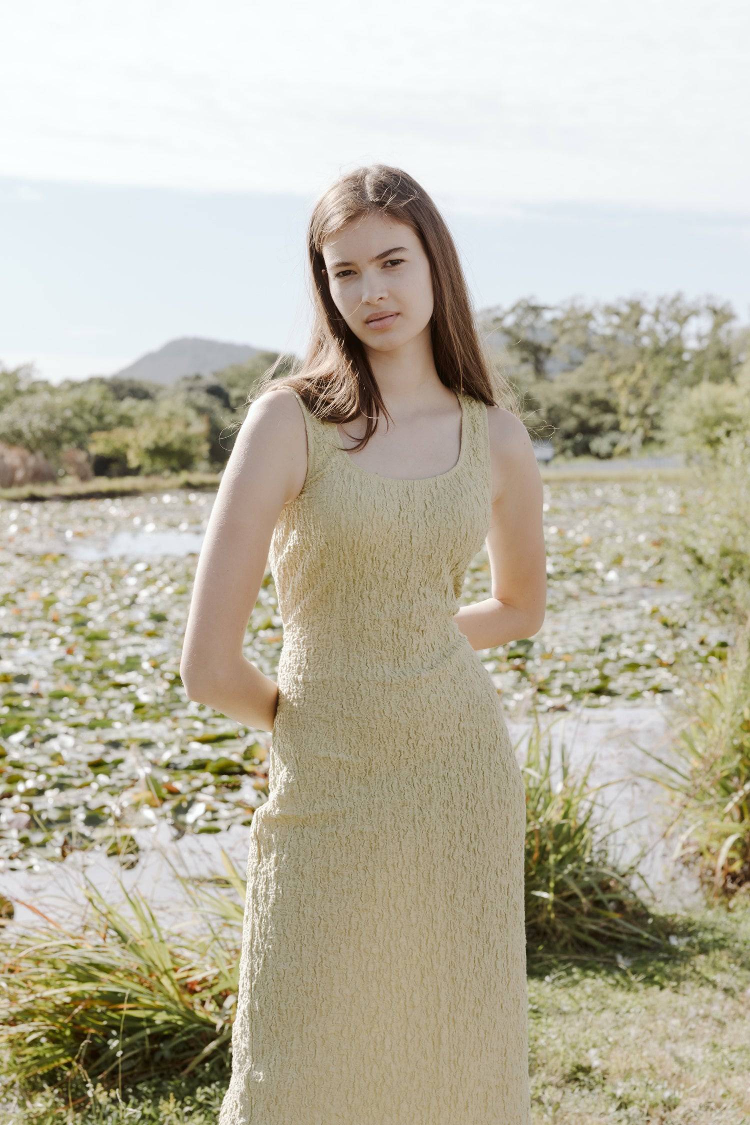 7847077675229, The Claudia Dress, Dress, All Row, beige,brown,Casual,cf-color-beige,cf-color-black,cf-color-brown,cf-color-charcoal,cf-color-grey,cf-color-lime,cf-size-l,cf-size-m,cf-size-s,cf-vendor-all-row,Cozy,Cutout,FALL,final-sale,finalsale,green,grey,Mini Dress,new,rayon,sale,Sleeveless,Sleeveless Dress,Sleeveless Top,spandex,stretch,Summer,textured,Textured Fabric,Women's, Information The Claudia Dress is a staple piece to add to your wardrobe. This lovely dress is cut from a soft, popcorn-textured f