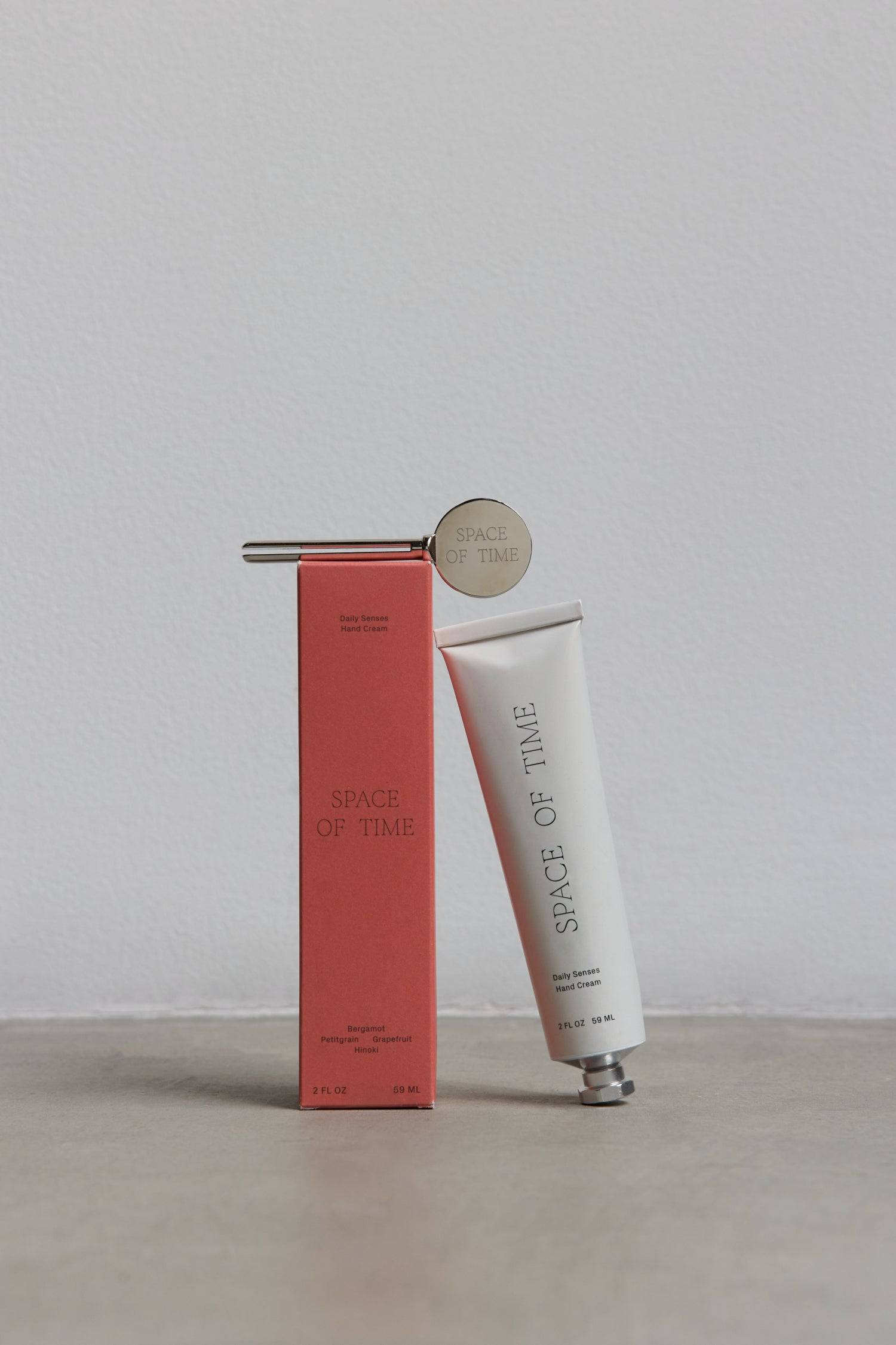 8740436803805, Daily Senses Hand Cream, Accessories, Space of Time, accessories,Cream,skin,skin care,skincare,space of time, SCENT NOTES: Herbaceous Bergamot, Calming Hinoki, Bright Petitgrain & Grapefruit. Space of Time's Daily Senses Hand Cream goes beyond a lotion—it is a sensory experience to connect with the present moment, and a tool for awakening awareness as a self-care routine through the power of scent. Botanical ingredients balance mind and body with a blend of herbaceous bergamot, calming hinoki