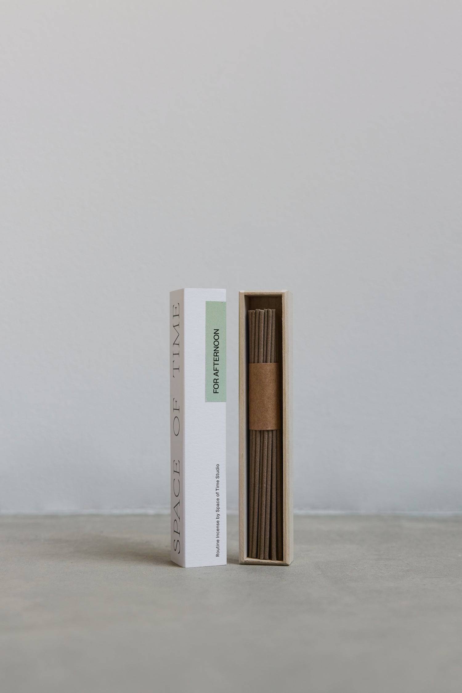 8740556079325, Afternoon Routine Incense - Hinoki, Accessories, Space of Time, accessories,Home,Home goods,incense,scent,space of time, Shape your routines from morning to night with our incense created for the art of taking time. Crafted for specific times of day, our single-note scent for AFTERNOON feels like soft moss, or a walk through the trees—featuring the grounding fragrance of hinoki wood. Includes a total of 40 sticks. Made in Japan and assembled in Los Angeles. Receive 10% off by adding the Morni
