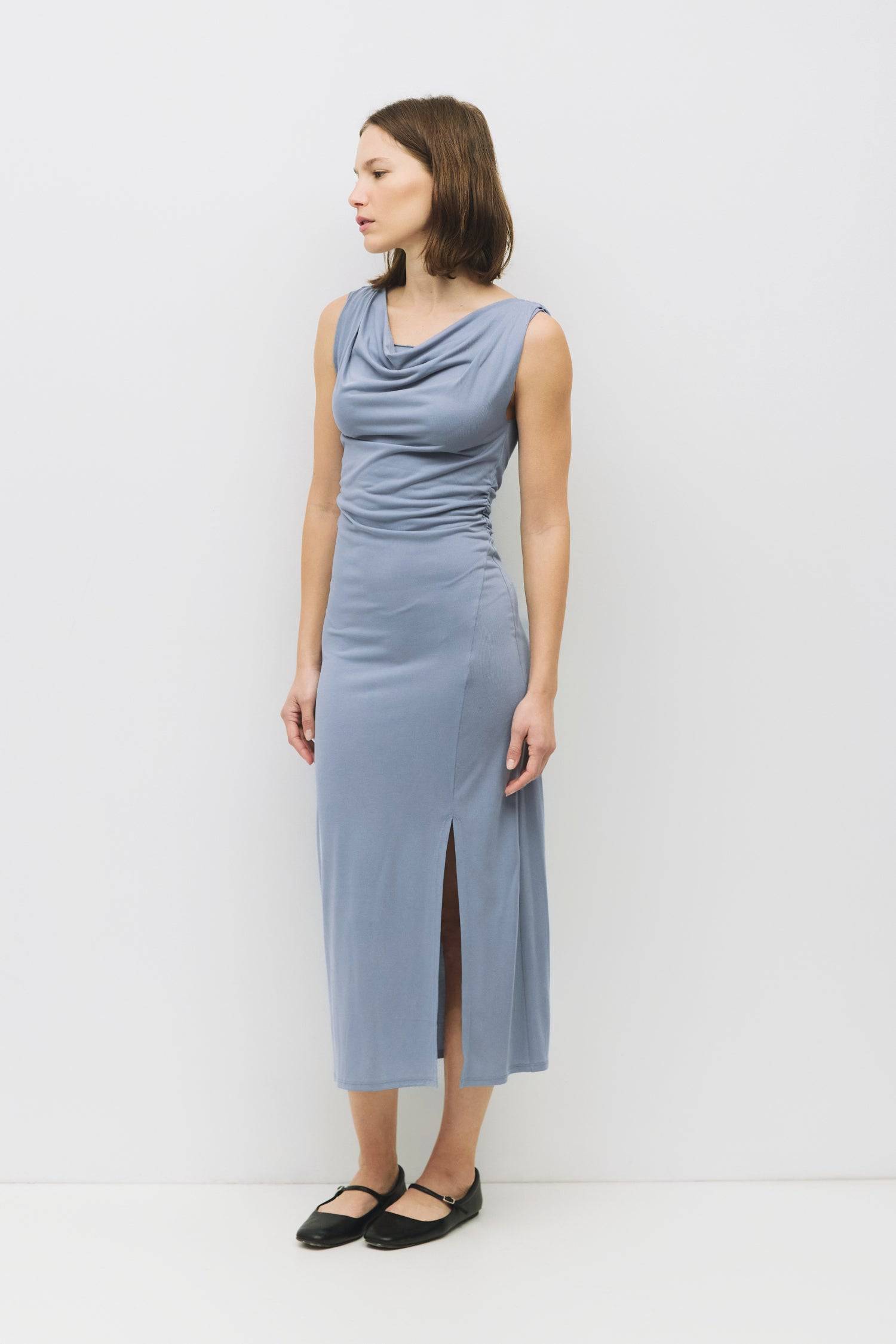 8983741104349, The Parker Dress, Dress, All Row, Black,Casual,cf-color-black,cf-color-red,cf-color-white,cf-size-l,cf-vendor-all-row,collared,Comfort,Comfortable,Feminine,full skirt,Midi,Midi Dress,midi length,new,Red,Sleeveless,Sleeveless Dress,Spring,versatile,white,Womens, Information The Parker Dress is a fitted, cupro knit midi dress with a front cowl neckline and pleated shoulder details. Featuring side waist shirring and a front slit, its maxi length creates a sleek, elegant silhouette. Details 70% R