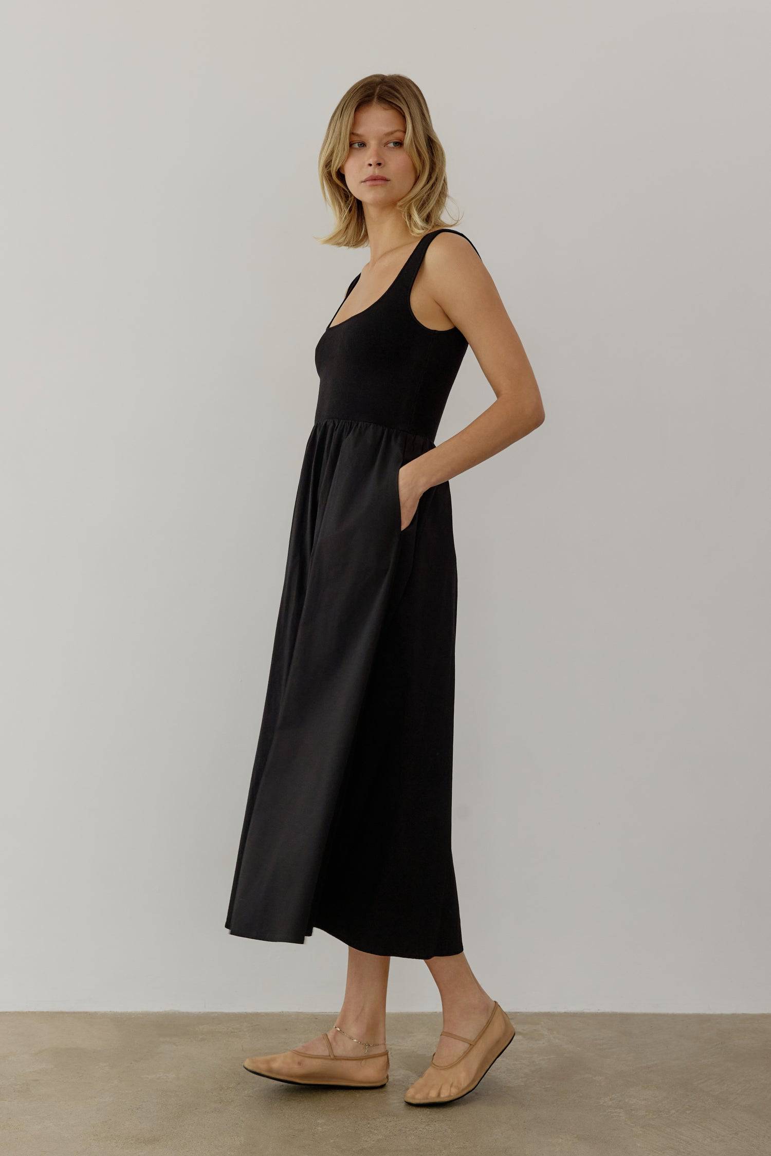 8085492793565, The Lucinda Dress, Dress, All Row, cf-color-white,cf-size-l,cf-size-m,cf-size-s,Cream,Dress,everyday,Front Pockets,ivory,Knit,Long Dress,Maxi,maxi dress,Navy,Pocket,Pockets,Relaxed,Relaxed Fit,spring,Square Back,Square Neckline,Squared Neckline,Summer,tank,tank dress,white, Information The Lucinda Dress is a maxi-length dress with a knit square neckline top and a woven full skirt. The different fabrics create visual interest in this classic silhouette. This style also includes hidden side poc