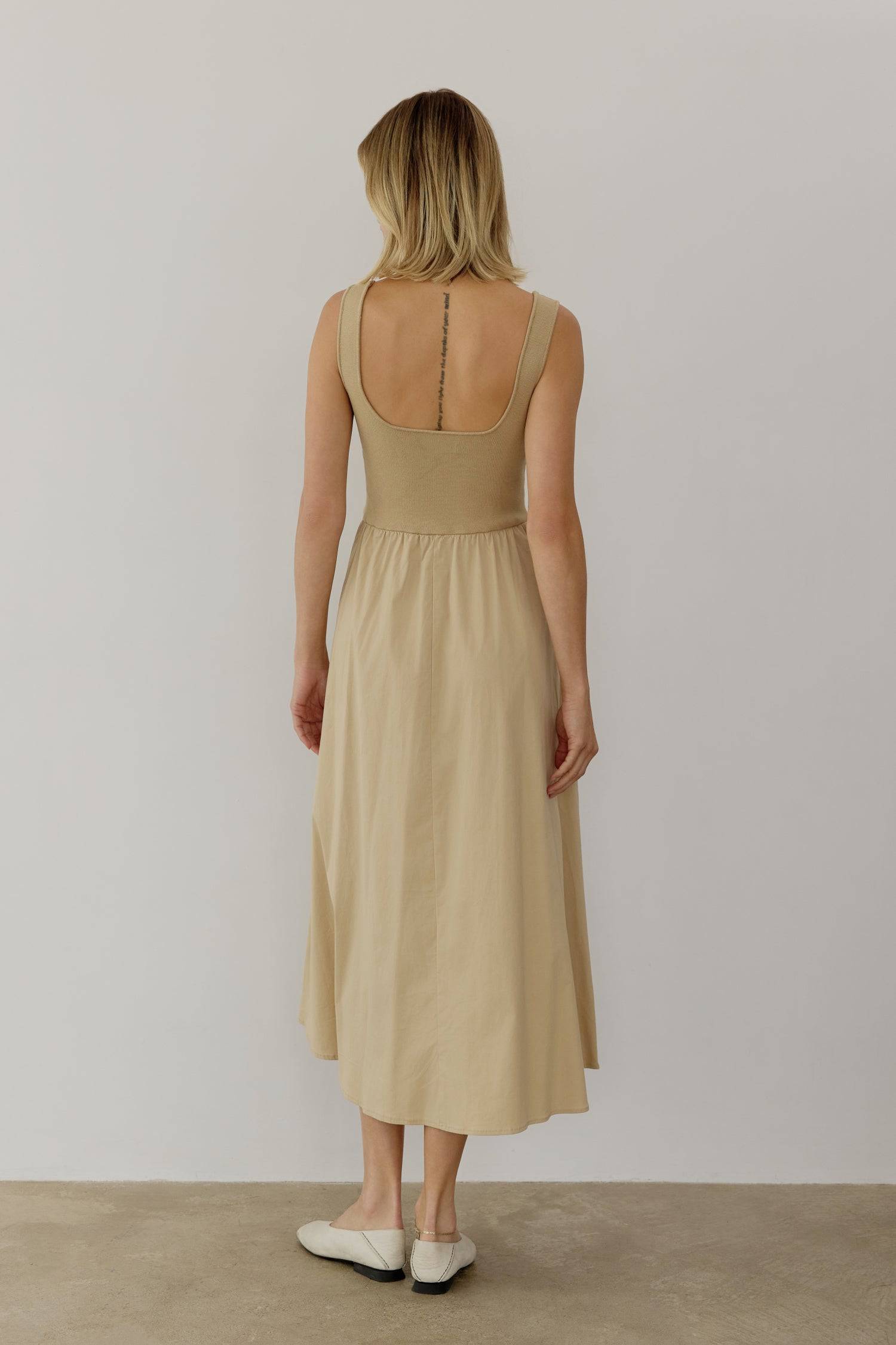 8085492793565, The Lucinda Dress, Dress, All Row, cf-color-white,cf-size-l,cf-size-m,cf-size-s,Cream,Dress,everyday,Front Pockets,ivory,Knit,Long Dress,Maxi,maxi dress,Navy,Pocket,Pockets,Relaxed,Relaxed Fit,spring,Square Back,Square Neckline,Squared Neckline,Summer,tank,tank dress,white, Information The Lucinda Dress is a maxi-length dress with a knit square neckline top and a woven full skirt. The different fabrics create visual interest in this classic silhouette. This style also includes hidden side poc