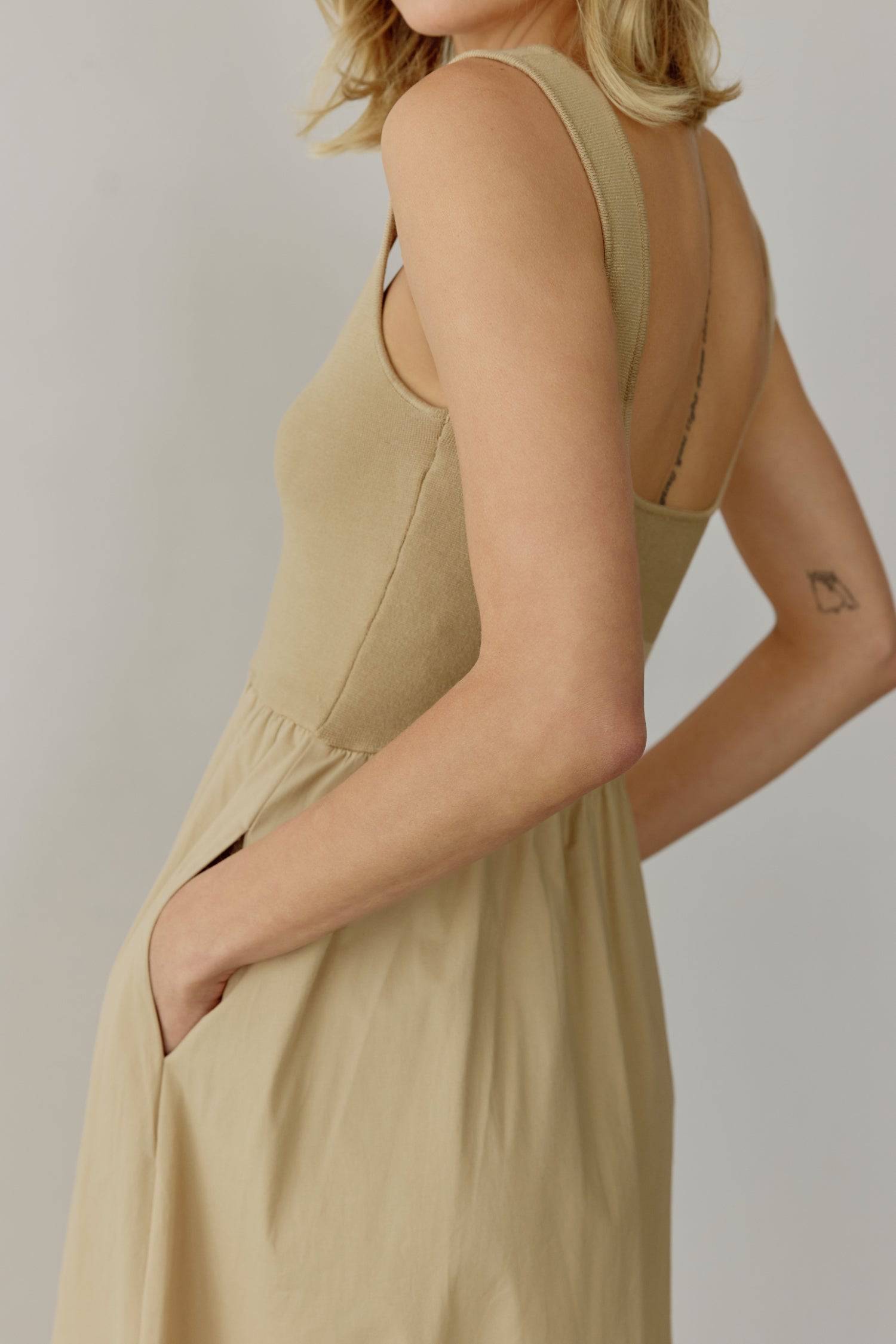 8085492793565, The Lucinda Dress, Dress, All Row, cf-color-white,cf-size-l,cf-size-m,cf-size-s,Cream,Dress,everyday,Front Pockets,ivory,Knit,Long Dress,Maxi,maxi dress,Navy,Pocket,Pockets,Relaxed,Relaxed Fit,spring,Square Back,Square Neckline,Squared Neckline,Summer,tank,tank dress,white, Information The Lucinda Dress is a maxi-length dress with a knit square neckline top and a woven full skirt. The different fabrics create visual interest in this classic silhouette. This style also includes hidden side poc