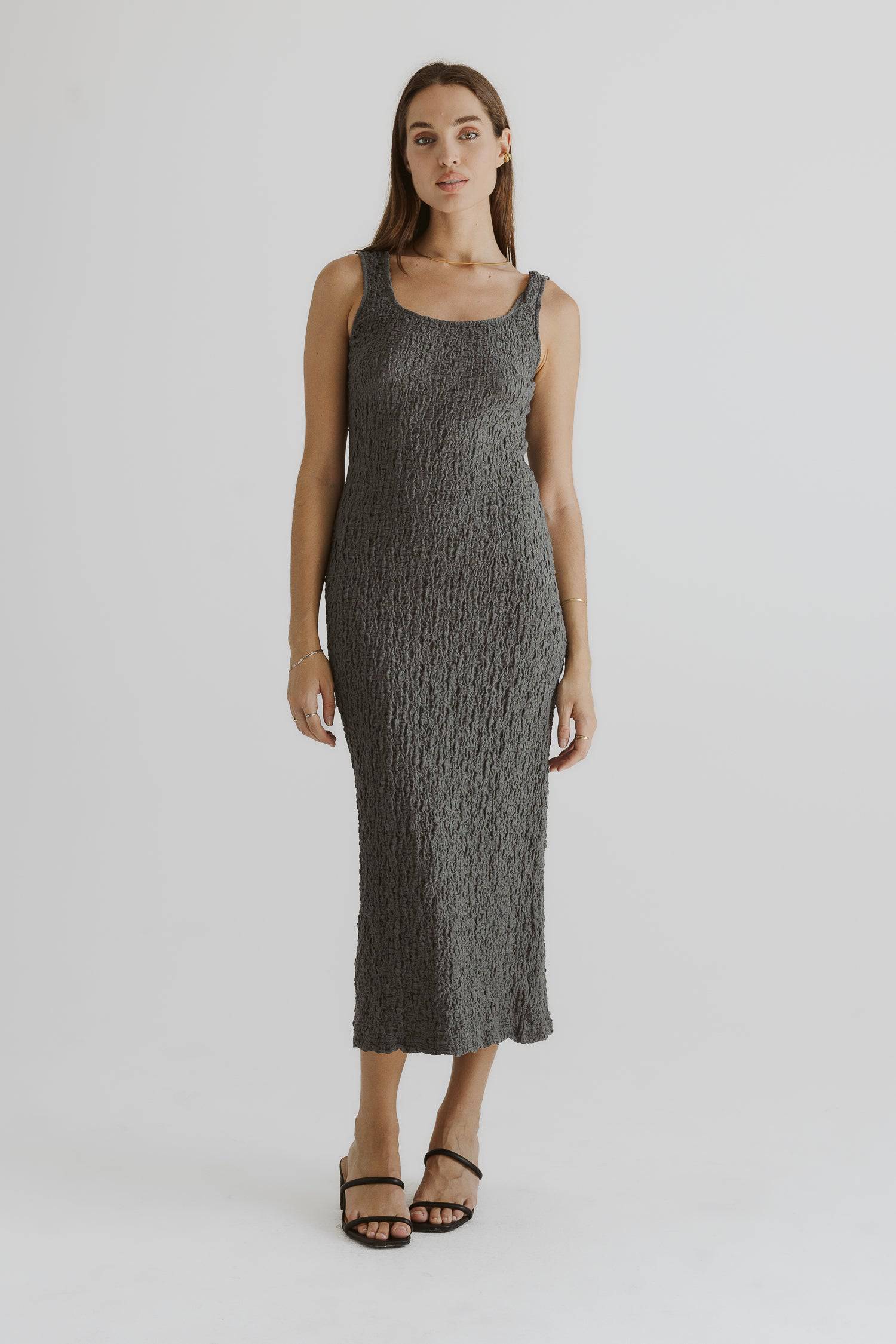 7847077675229, The Claudia Dress, Dress, All Row, beige,brown,Casual,cf-color-beige,cf-color-black,cf-color-brown,cf-color-charcoal,cf-color-grey,cf-color-lime,cf-size-l,cf-size-m,cf-size-s,cf-vendor-all-row,Cozy,Cutout,FALL,final-sale,finalsale,green,grey,Mini Dress,new,rayon,sale,Sleeveless,Sleeveless Dress,Sleeveless Top,spandex,stretch,Summer,textured,Textured Fabric,Women's, Information The Claudia Dress is a staple piece to add to your wardrobe. This lovely dress is cut from a soft, popcorn-textured f