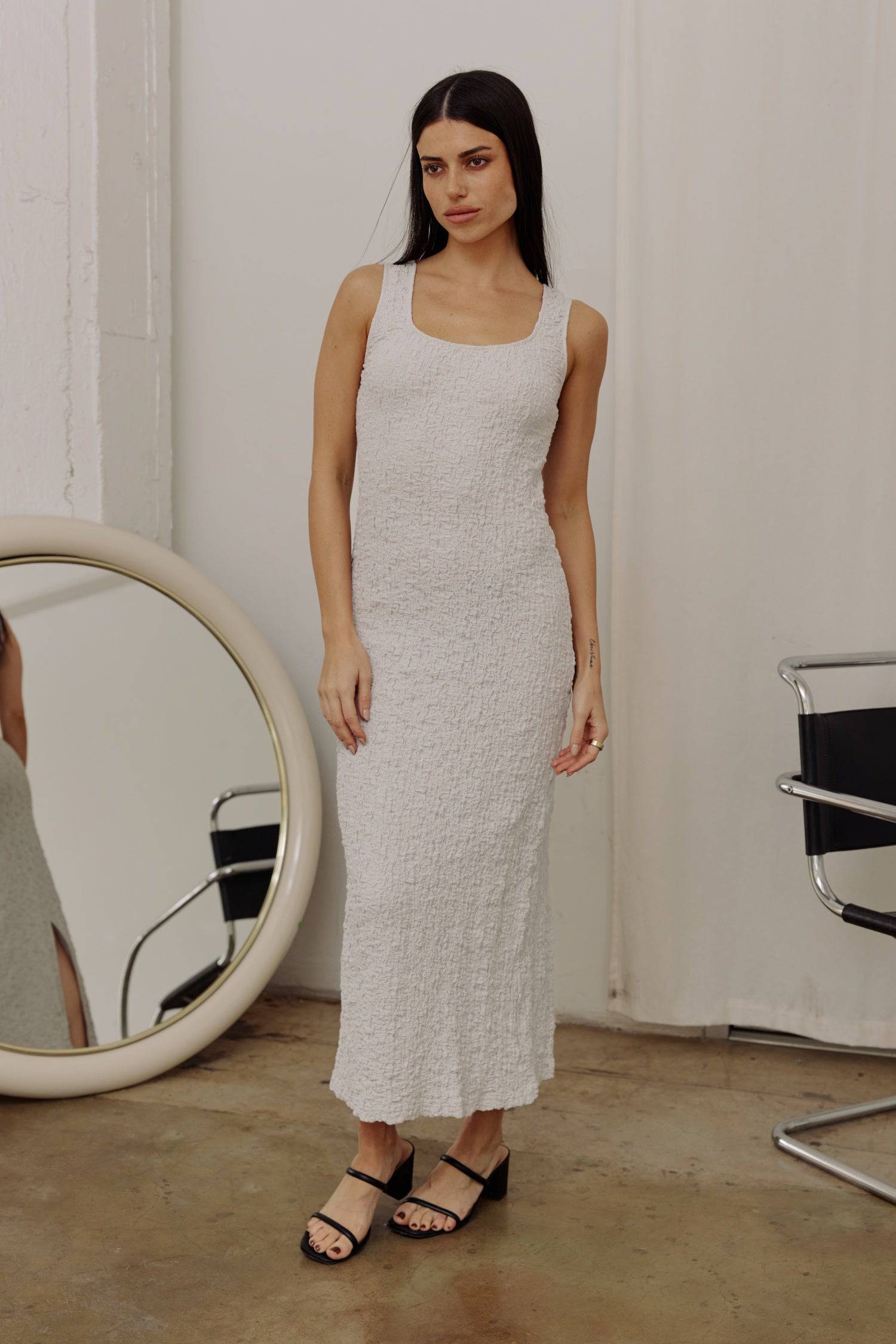 7847077675229, The Claudia Dress, Dress, All Row, beige,brown,Casual,cf-color-beige,cf-color-black,cf-color-brown,cf-color-charcoal,cf-color-grey,cf-color-lime,cf-size-l,cf-size-m,cf-size-s,cf-vendor-all-row,Cozy,Cutout,FALL,final-sale,finalsale,green,grey,Mini Dress,new,rayon,sale,Sleeveless,Sleeveless Dress,Sleeveless Top,spandex,stretch,Summer,textured,Textured Fabric,Women's, Information The Claudia Dress is a staple piece to add to your wardrobe. This lovely dress is cut from a soft, popcorn-textured f