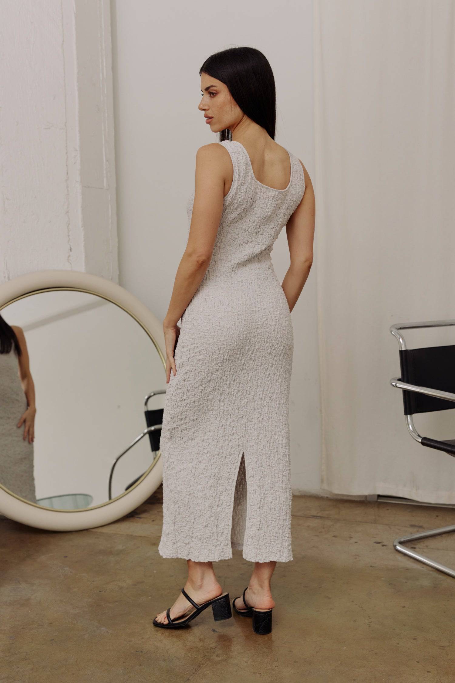 7847077675229, The Claudia Dress, Dress, All Row, beige,brown,Casual,cf-color-beige,cf-color-black,cf-color-brown,cf-color-charcoal,cf-color-grey,cf-color-lime,cf-size-l,cf-size-m,cf-size-s,cf-vendor-all-row,Cozy,Cutout,FALL,final-sale,finalsale,green,grey,Mini Dress,new,rayon,sale,Sleeveless,Sleeveless Dress,Sleeveless Top,spandex,stretch,Summer,textured,Textured Fabric,Women's, Information The Claudia Dress is a staple piece to add to your wardrobe. This lovely dress is cut from a soft, popcorn-textured f