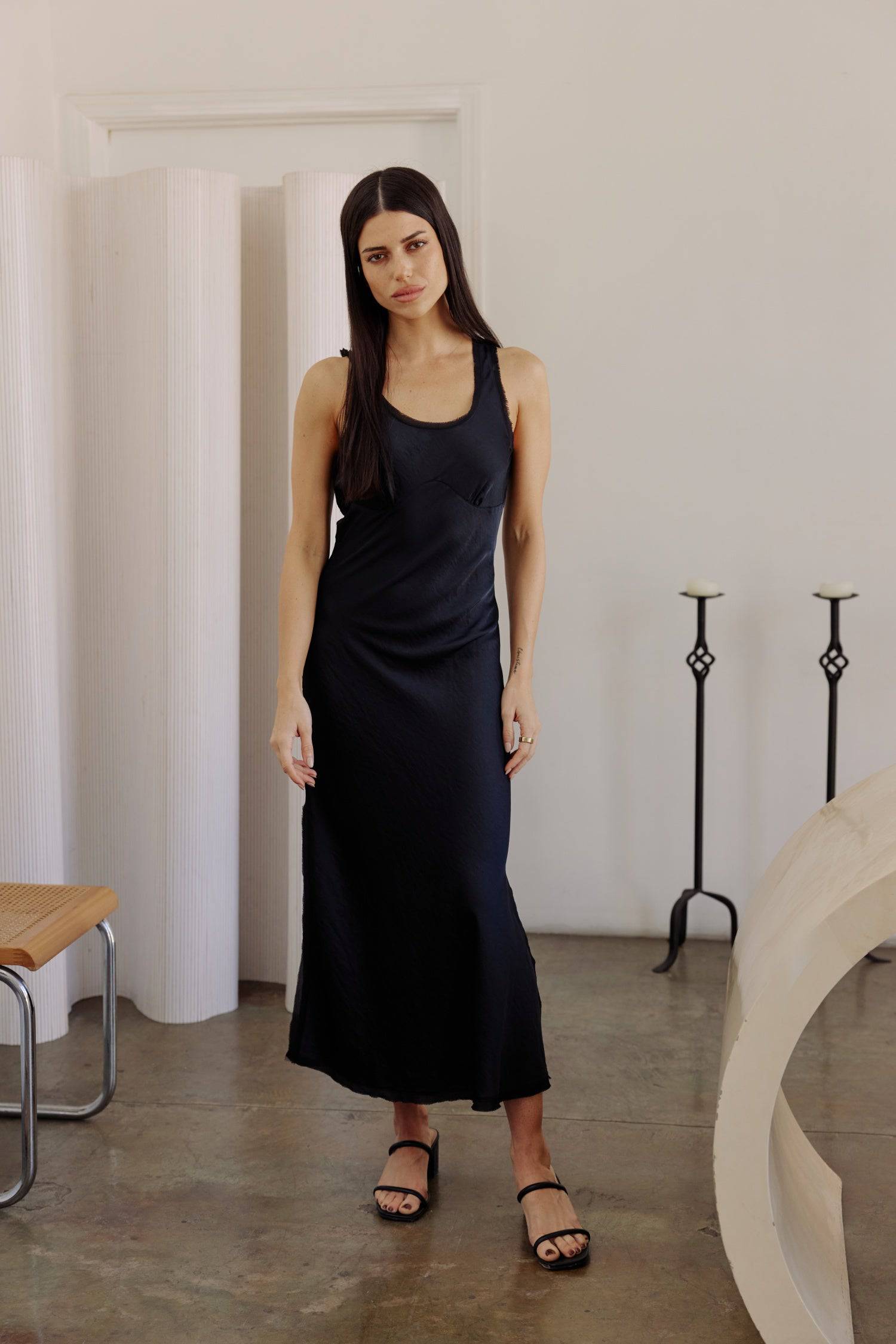 8330515710173, The Monica Dress, Dress, All Row, Black,Casual,cf-color-black,cf-color-white,cf-size-l,cf-size-m,cf-size-s,cf-vendor-all-row,chiffon,Comfort,Comfortable,Elegant,Feminine,final-sale,finalsale,Midi,Midi Dress,midi length,Minimal,minimalist,new,sale,Satin,Scoop Neckline,Semi-Formal,Side slit,Sleeveless,Sleeveless Dress,Slit,Spring,versatile,white,Womens, Information Meet The Monica Dress - a beautiful midi-length satin dress with delicate chiffon trimming. Featuring flattering side slits and a s