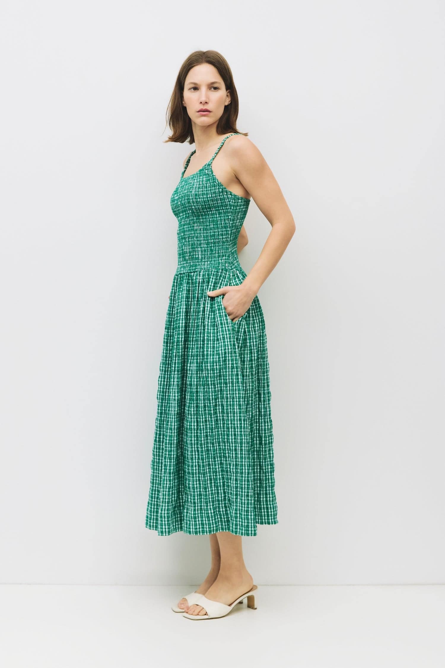 8988733636829, The Ebony Dress, Dress, All Row, brown,Casual,cf-color-chestnut,cf-color-natural,cf-color-white,cf-size-l,cf-size-m,cf-size-s,cf-vendor-all-row,Chestnut Brown,Comfort,Comfortable,dark brown,Feminine,Midi,Midi Dress,midi length,Minimal,natural,new,Pockets,Semi-Formal,side pockets,Sleeveless,Sleeveless Dress,Slight Flare,Smocked,Spring,versatile,white,Womens, Information The Ebony Dress is a midi-length, fit-and-flare style with a textured plaid print and elasticated shoulder straps for added c