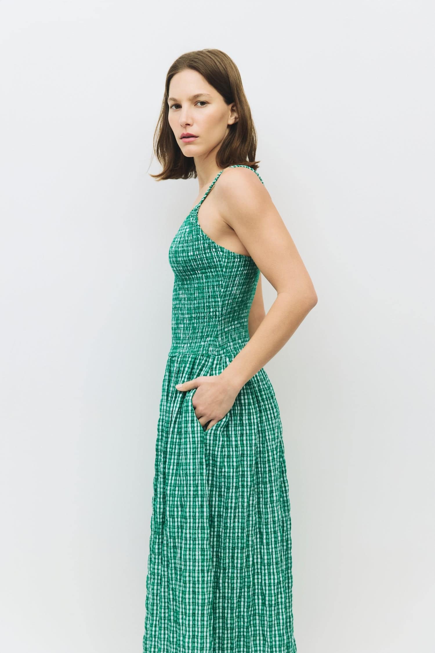 8988733636829, The Ebony Dress, Dress, All Row, brown,Casual,cf-color-chestnut,cf-color-natural,cf-color-white,cf-size-l,cf-size-m,cf-size-s,cf-vendor-all-row,Chestnut Brown,Comfort,Comfortable,dark brown,Feminine,Midi,Midi Dress,midi length,Minimal,natural,new,Pockets,Semi-Formal,side pockets,Sleeveless,Sleeveless Dress,Slight Flare,Smocked,Spring,versatile,white,Womens, Information The Ebony Dress is a midi-length, fit-and-flare style with a textured plaid print and elasticated shoulder straps for added c