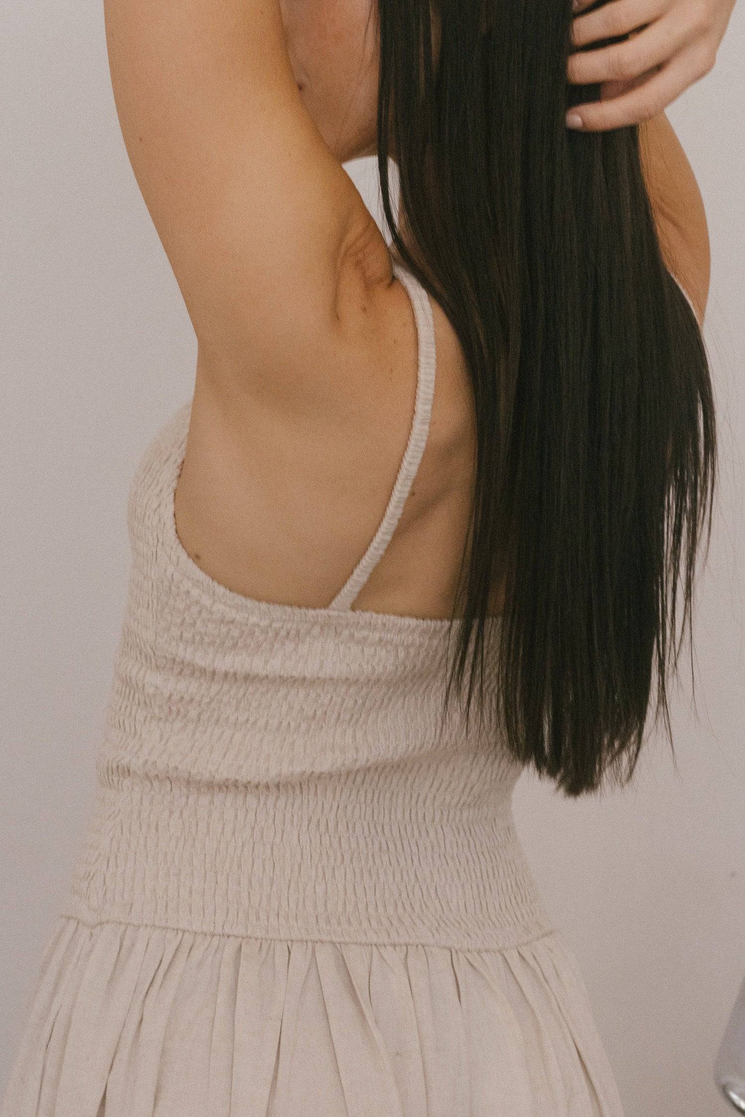 8346250805469, The Marcella Dress, Dress, All Row, brown,Casual,cf-color-chestnut,cf-color-natural,cf-color-white,cf-size-l,cf-size-m,cf-size-s,cf-vendor-all-row,Chestnut Brown,Comfort,Comfortable,dark brown,Feminine,Midi,Midi Dress,midi length,Minimal,minimalist,natural,new,Pockets,Semi-Formal,side pockets,Sleeveless,Sleeveless Dress,Slight Flare,Smocked,Spring,versatile,white,Womens, Information Meet The Marcella Dress, a stunning smocked dress that boasts a midi length with a fit and flare design that en