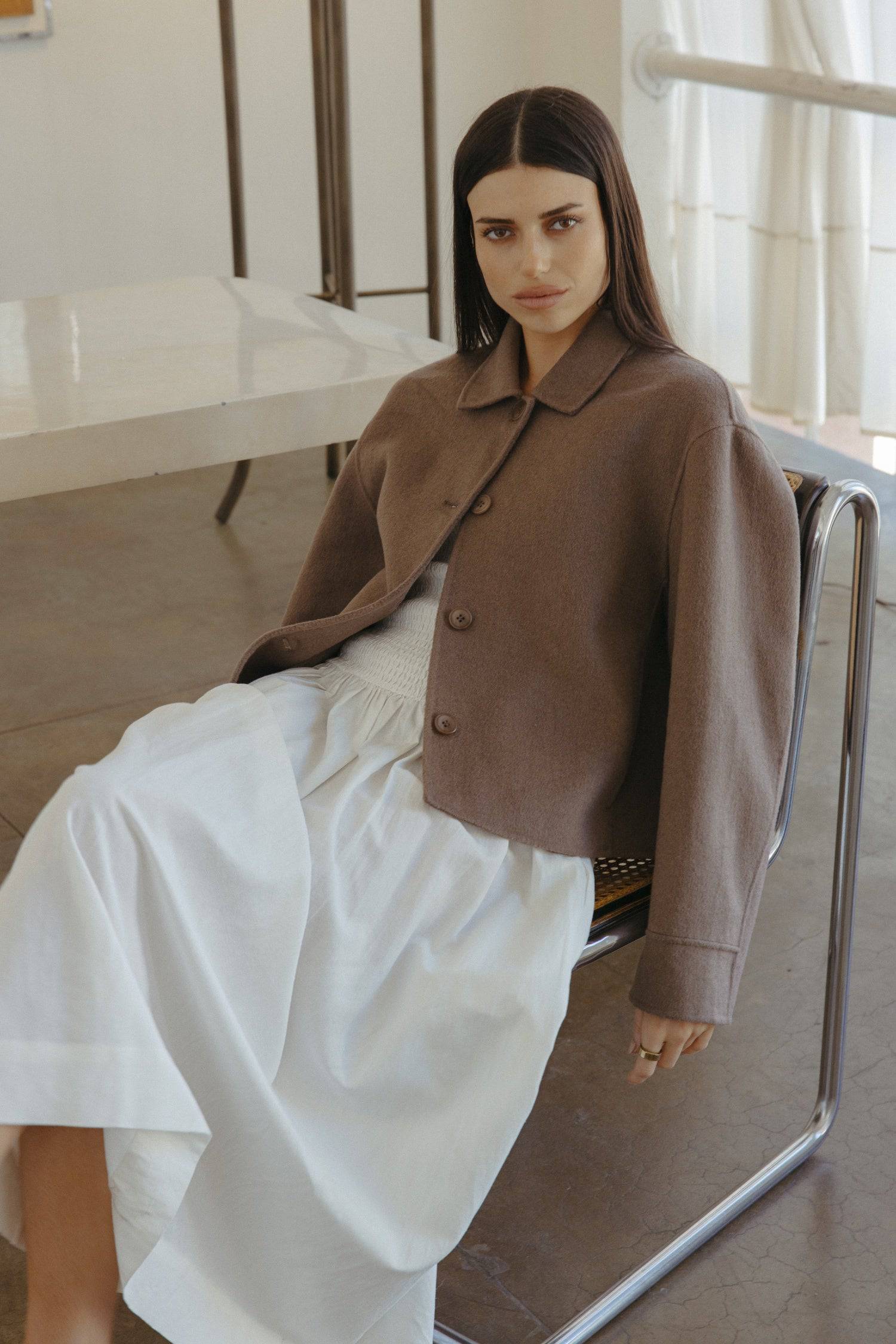 8330518724829, The Collins Jacket, Outerwear, All Row, All Row,allrow,beige,Black,Boxy,Boxy Fit,Button down,Buttons,cf-color-beige,cf-color-black,cf-color-mocha,cf-size-l,cf-size-m,cf-size-s,cf-vendor-all-row,Coat,coat jacket,Collar,Collared Jacket,Cropped,Drop Shoulder Sleeve,handmade,Jacket,minimalist,Mocha,new,Pockets,Spring,statement,versatile,Womens,Wool, Information The Collins Jacket is the perfect wool blend piece for an everyday chic wardrobe. With a relaxed fit, dropped shoulder design, and wide s