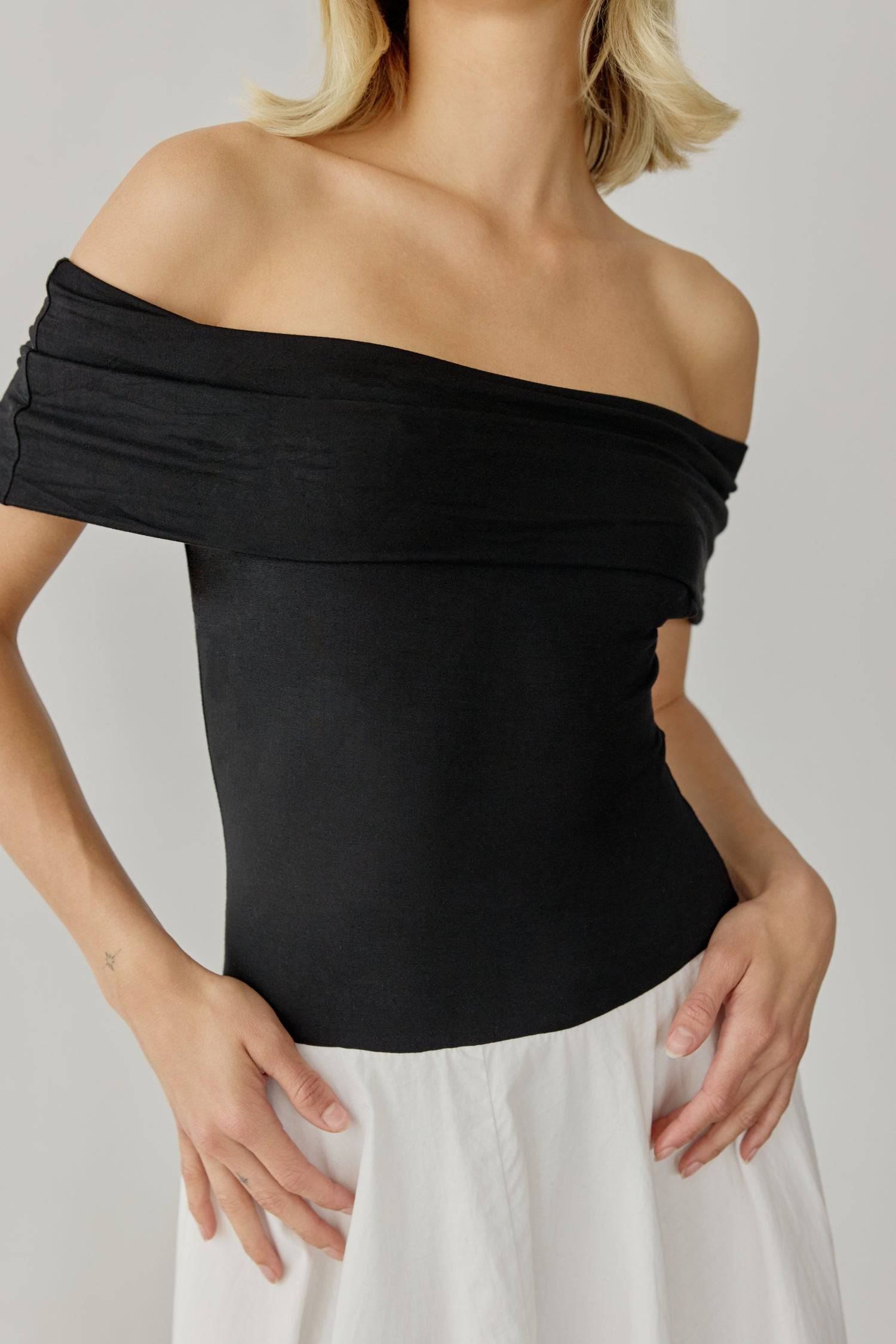 8722410799325, The Rayne Dress, Dress, All Row, Black,cf-color-black,cf-color-white,cf-size-l,cf-size-m,cf-size-s,Dress,everyday,final-sale,finalsale,Front Pockets,ivory,Knit,Long Dress,Maxi,maxi dress,Navy,new,off shoulder,Pocket,Pockets,Relaxed,Relaxed Fit,sale,tank dress,white,Womens, Information The Rayne Dress is an off-the-shoulder dress featuring a fit and flare silhouette. The stretch knit fabrication at the top ensures a comfortable and form-fitting bodice, while the cotton skirt adds a breezy feel