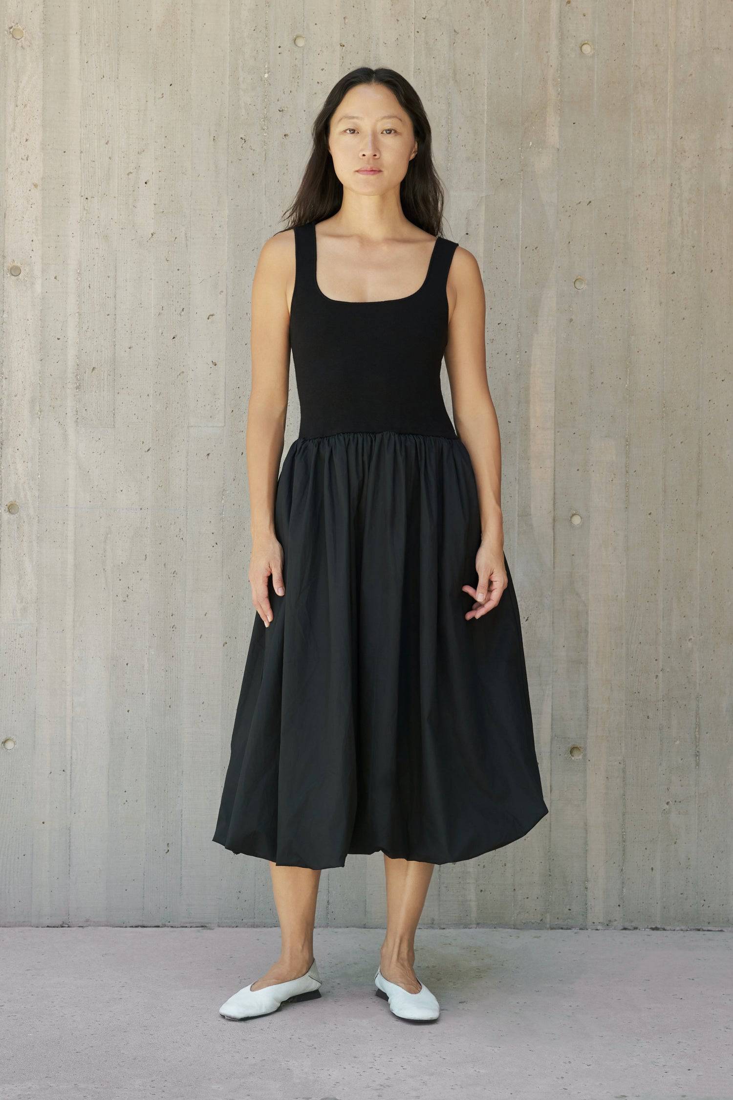 8831787335901, The Bella Dress, Dress, All Row, Black,bubble,bubble skirt,Casual,cf-color-black,cf-size-l,cf-vendor-all-row,Comfort,Comfortable,Dress,Elastic Waist,Everyday,Feminine,full skirt,Midi,Midi Dress,midi length,new,Pockets,rounded neckline,Semi-Formal,Sleeveless,Sleeveless Dress,stretch,Stretchy,versatile,Womens, Information The Bella Dress is a chic evolution of The Lucinda Dress, featuring a bubble skirt reminiscent of The Bella Skirt. Crafted with a midi length, this dress is designed with a di