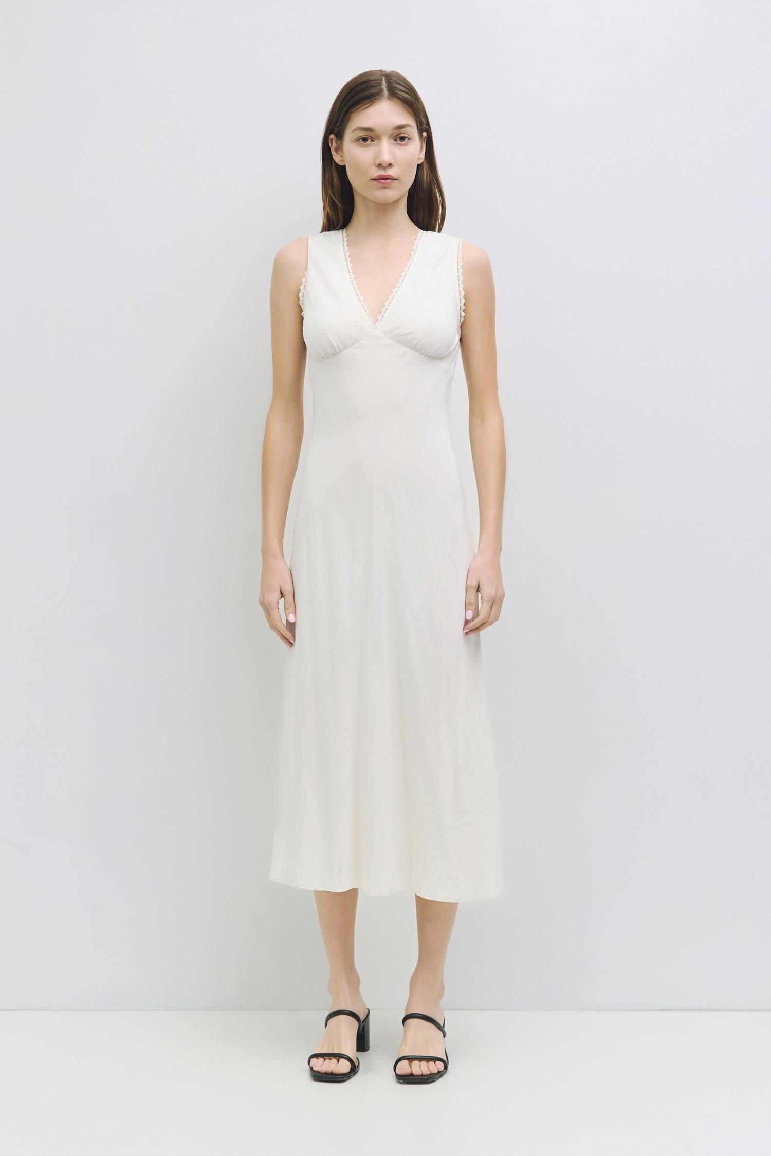 8911665627357, The Arielle Dress, Dress, All Row, All Row,cf-color-cream,cf-size-l,cf-size-m,cf-size-s,Comfortable,Cotton,Cream,Dress,dressy,final-sale,finalsale,fit and flare,flattering,Form Fitting,lace,lace trim,Long Dress,maxi dress,Mid Length Dress,Midi,Midi Dress,midi length,new,sale,Spring,Summer,V Neckline,womens, Information The Arielle Dress is a midi-length dress featuring a flattering contrast lace trim around the V-neckline and armholes making it easy to dress up or down for a variety of occasi