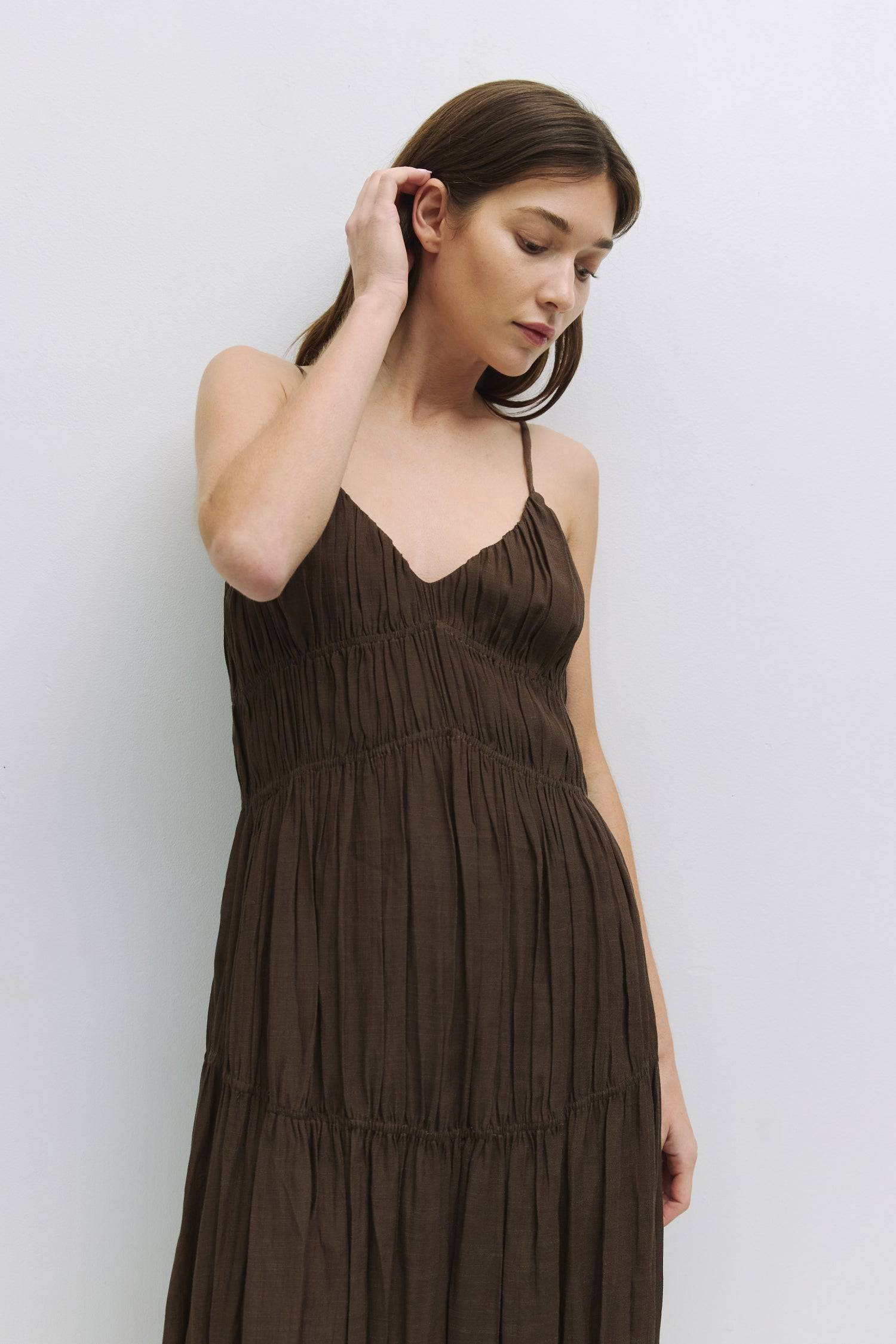 9045690646749, The Kendra Dress, Dress, All Row, adjustable straps,brown,Casual,cf-color-brown,cf-color-cream,cf-size-l,cf-vendor-all-row,Comfort,Comfortable,Cream,Dress,dressy,Elastic Waist,Feminine,Maxi,maxi dress,midi length,Navy,new,Relaxed Fit,Semi-Formal,shirring,Sleeveless,Sleeveless Dress,Spring,Summer,Tiered Dress,Transitional,versatile,Womens, Information The Kendra Dress is a gathDM1589DM1589DM1589DM1589ered dress with a relaxed silhouette, featuring adjustable spaghetti straps and columned shirr