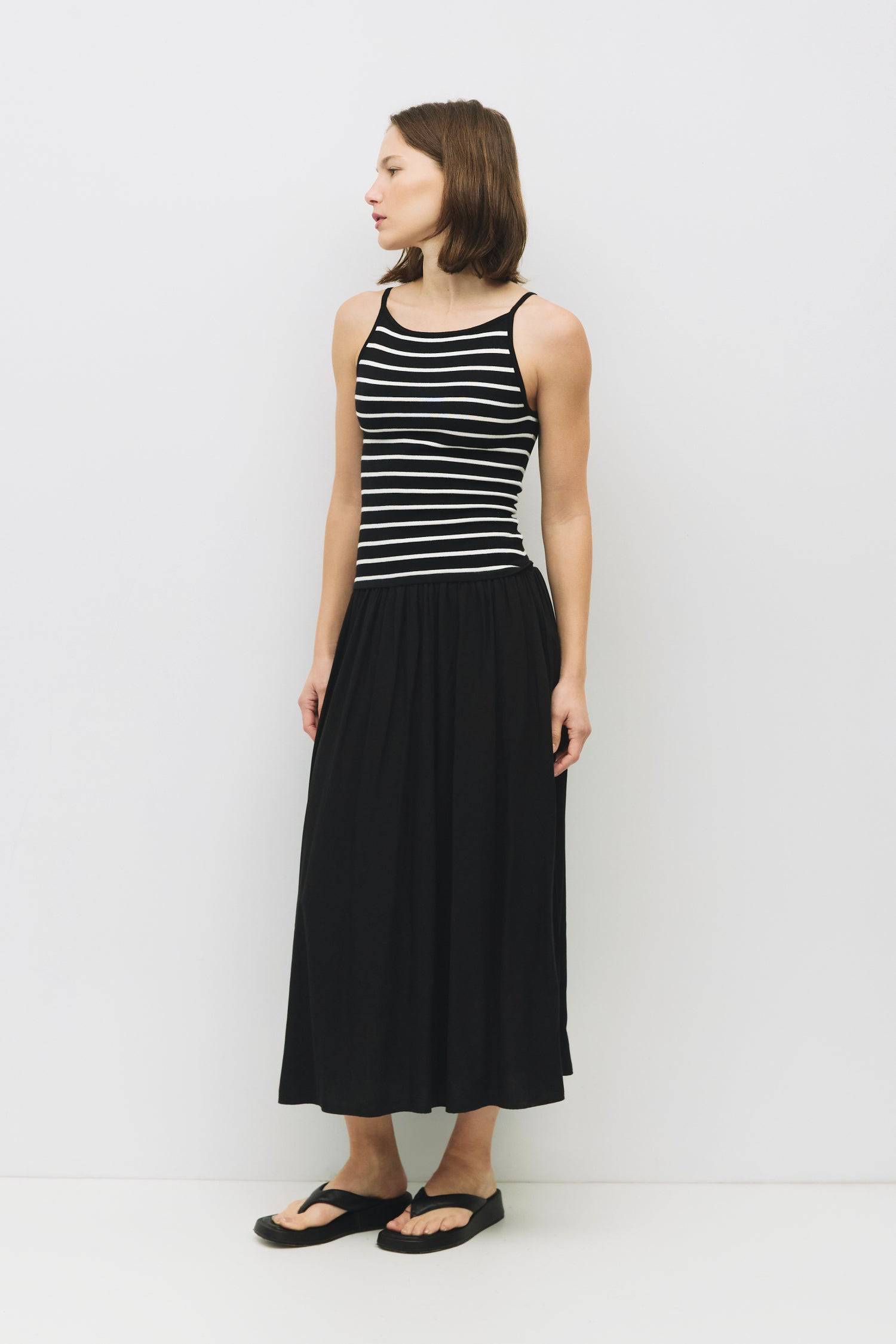 8929244250333, The Indy Dress, Dress, All Row, Black,cf-color-black,cf-color-white,cf-size-l,cf-size-m,cf-size-s,Dress,everyday,fit and flare,Form Fitting,Front Pockets,ivory,Knit,Long Dress,Maxi,maxi dress,Navy,Pocket,Pockets,Relaxed,Relaxed Fit,spring,Square Back,Squared Neckline,Striped,Summer,tank,tank dress,Vertical Stripes, Information The Indy Dress showcases a chic square neckline and a distinctive contrast between its knitted striped bodice and flowing woven skirt. Designed with a flattering maxi l