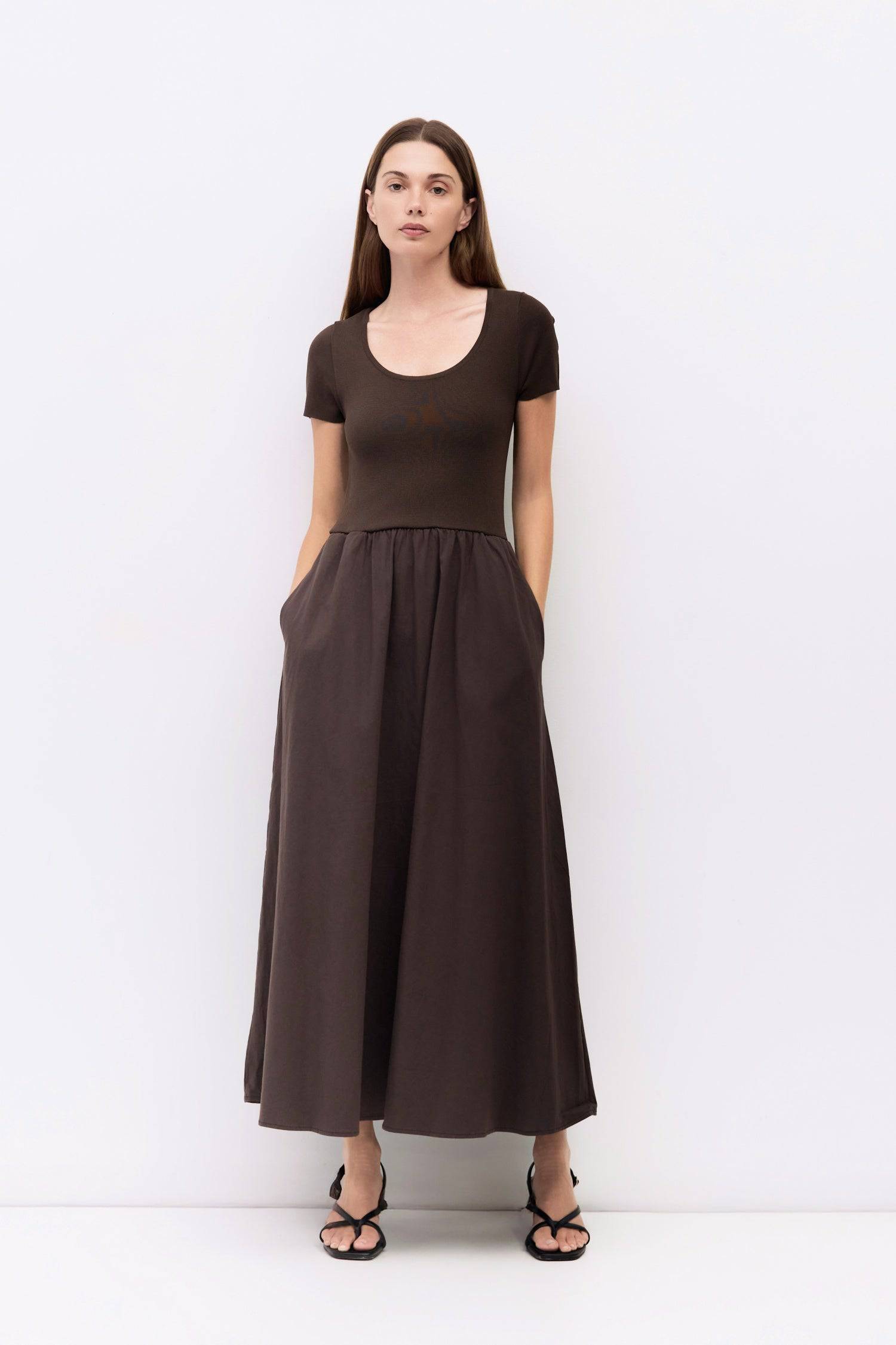 9084439199965, The Lynette Dress, Dress, Mod Ref, Black,Blue,brown,cf-color-black,cf-color-blue,cf-color-brown,cf-size-l,cf-vendor-all-row,Comfort,Comfortable,dark brown,Feminine,fit and flare,Fitted Top,full skirt,Midi,Midi Dress,midi length,new,Scoop Neckline,scooped neckline,Spring,Womens, Information The Lynette Dress combines a form-fitting scoop-neck knit top with a lightweight, full maxi skirt. Shirring at the waistband and a side zipper create a flattering silhouette with effortless movement. Detail