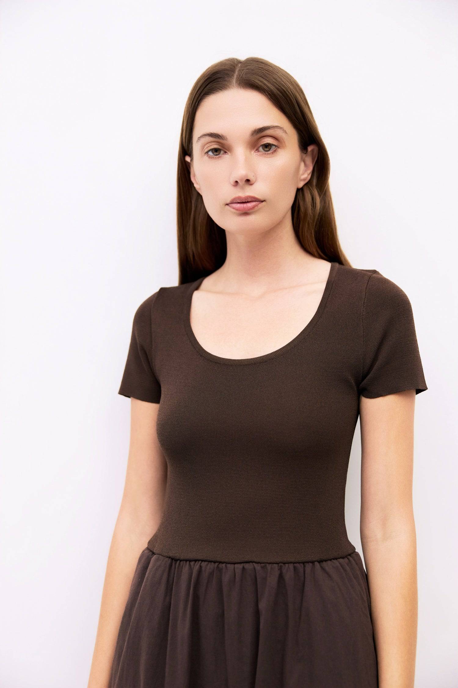 9084439199965, The Lynette Dress, Dress, Mod Ref, Black,Blue,brown,cf-color-black,cf-color-blue,cf-color-brown,cf-size-l,cf-vendor-all-row,Comfort,Comfortable,dark brown,Feminine,fit and flare,Fitted Top,full skirt,Midi,Midi Dress,midi length,new,Scoop Neckline,scooped neckline,Spring,Womens, Information The Lynette Dress combines a form-fitting scoop-neck knit top with a lightweight, full maxi skirt. Shirring at the waistband and a side zipper create a flattering silhouette with effortless movement. Detail