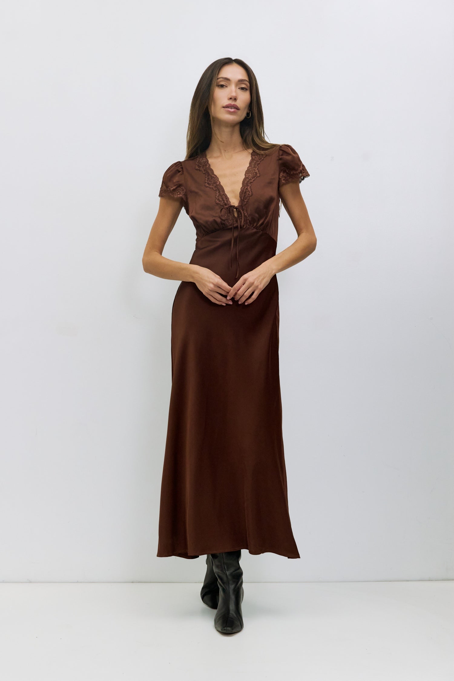 The Vivienne Dress | Lace Trim Satin Midi Dress Brown / S The Vivienne Dress | Lace Trim Satin Midi Dress Brown / S