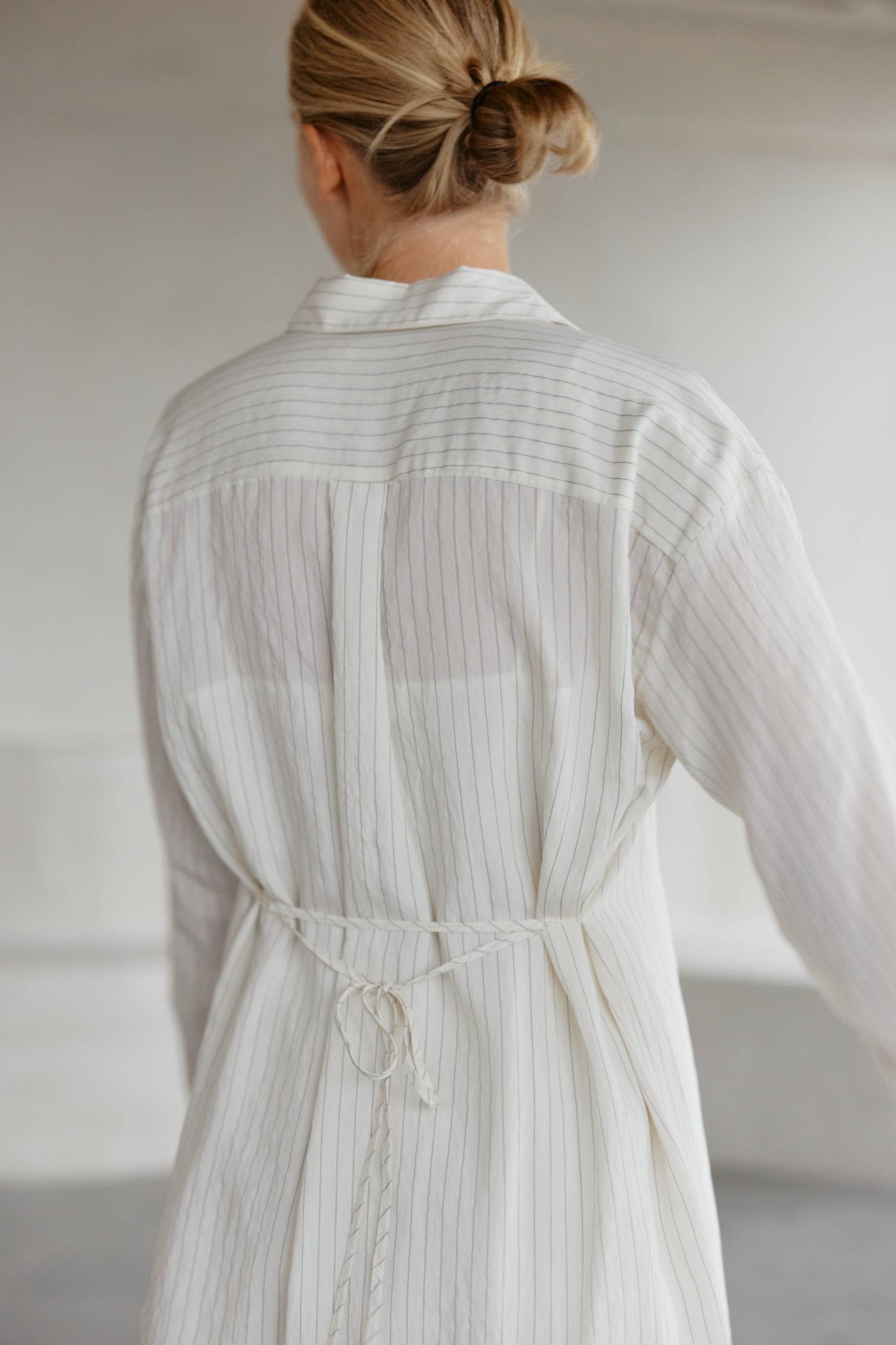 8364403556573, The Jill Dress, Dress, Mod Ref, Button down,button down dress,cf-color-ivory,cf-color-navy,cf-size-l,cf-size-m,cf-size-s,cf-vendor-mod-ref,Comfort,Comfortable,Comfy,Dress,everyday,final-sale,finalsale,ivory,Lining,Mid Length Dress,Midi,Midi Dress,Navy,new,Pinstriped,Pinstripes,Relaxed Fit,sale,Semi-Sheer,Sheer,Short Sleeve Dress,Summer,white,womens, Information Introducing The Jill Dress, a pinstripe design button-down midi dress. Crafted from a breathable semi-transparent fabric, it comes wi