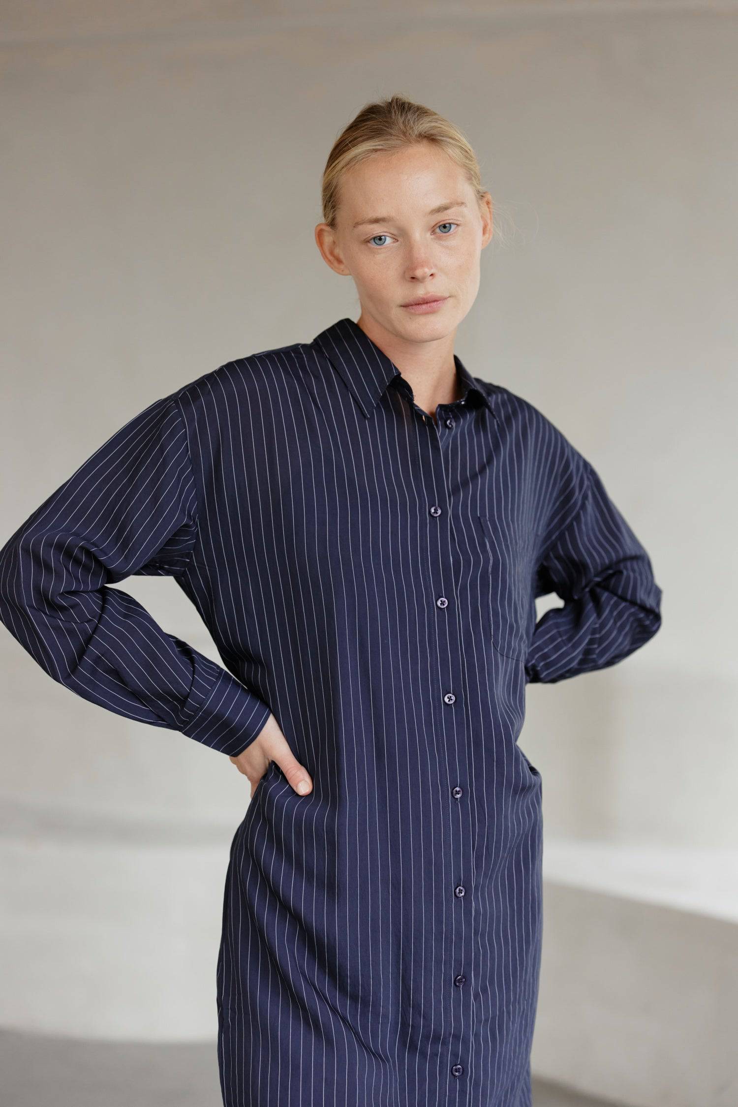 8364403556573, The Jill Dress, Dress, Mod Ref, Button down,button down dress,cf-color-ivory,cf-color-navy,cf-size-l,cf-size-m,cf-size-s,cf-vendor-mod-ref,Comfort,Comfortable,Comfy,Dress,everyday,final-sale,finalsale,ivory,Lining,Mid Length Dress,Midi,Midi Dress,Navy,new,Pinstriped,Pinstripes,Relaxed Fit,sale,Semi-Sheer,Sheer,Short Sleeve Dress,Summer,white,womens, Information Introducing The Jill Dress, a pinstripe design button-down midi dress. Crafted from a breathable semi-transparent fabric, it comes wi