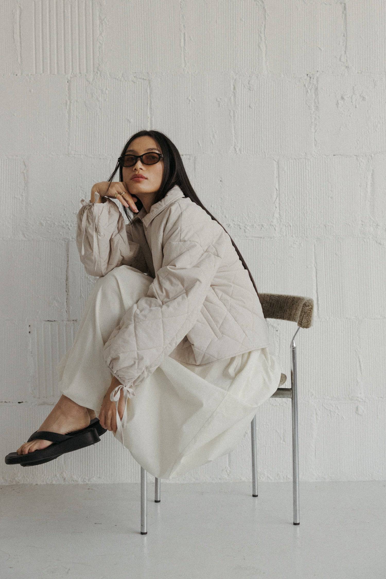 8406248915165, The Cameron Jacket, Outerwear, All Row, Adjustable Cords,autumn,Black,Bone,Buttons,Casual,cf-color-black,cf-color-bone,cf-color-olive,cf-size-l,cf-size-m,cf-size-s,cf-vendor-all-row,Comfortable,Fall,final-sale,finalsale,Front Pockets,Jacket,Layers,Long Sleeve,mid-autumn,modref,new,Olive,Outerwear,Pockets,Quilted,Quilted Jacket,Relaxed,sale,tan,Warm,Winter,Women's,Zipper, Information The Cameron Jacket is an oversized button-down jacket featuring front welt pockets and drop shoulders for a rel