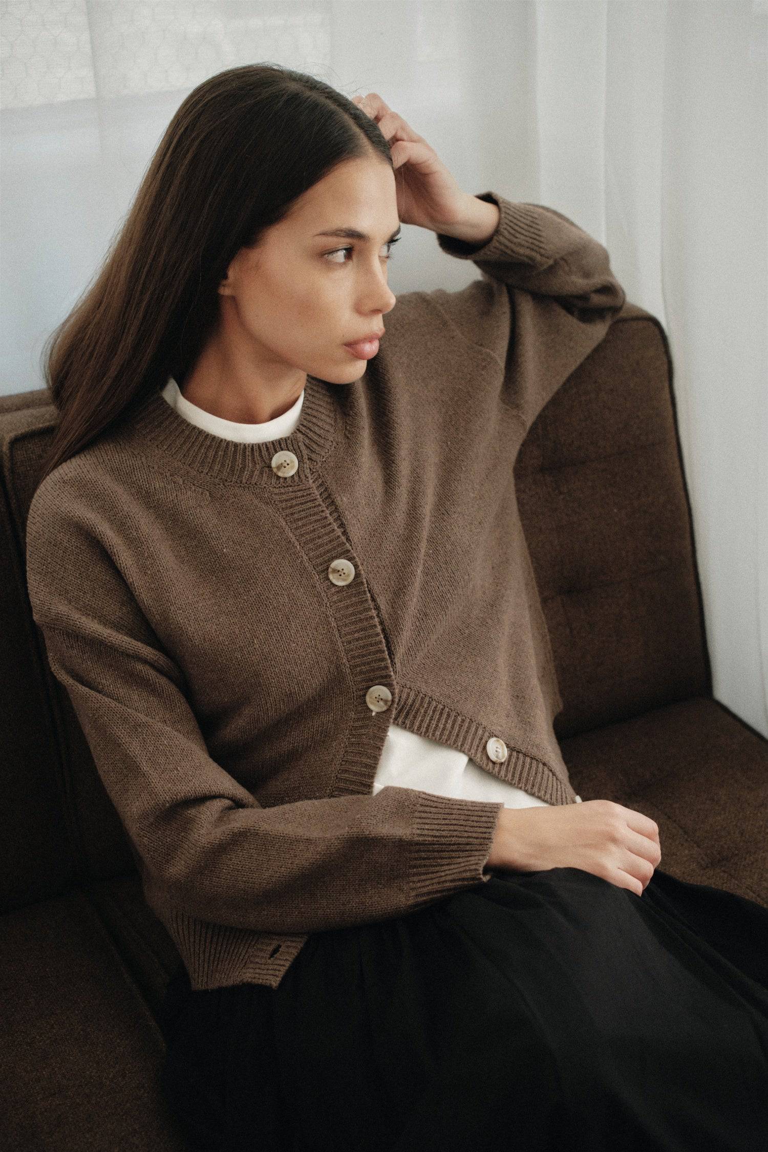 8809523183837, The Lucy Cardigan, Tops, All Row, All Row,allrow,Black,brown,Button Down Shirt,Button up,buttons,Cardigan,cf-color-black,cf-color-brown,cf-size-l,cf-size-m,cf-size-s,Comfortable,Crew Neck,Crew Neckline,Everyday,longsleeve,Matching Set,set,Sets,stretch,Stretchy,taupe,tonal buttons,Transitional,Womens,womens top, Information The Lucy Cardigan is a semi-cropped cardigan with a boxy fit and drop shoulder, crafted from a mid-weight knit fabric for optimal warmth. Perfect for layering with high-wai