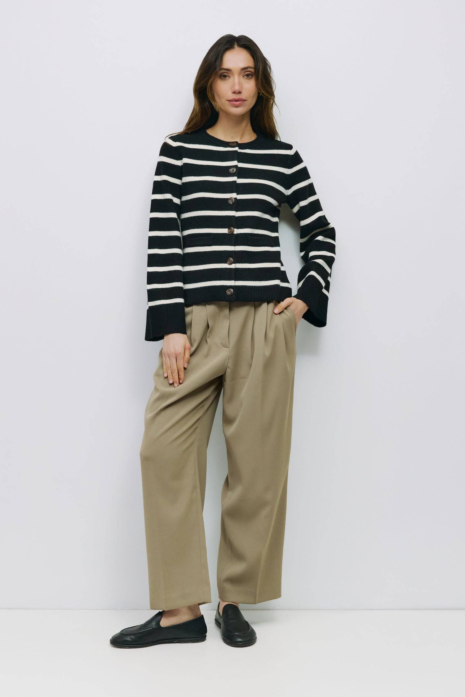 8983737860317, The Cindy Cardigan, Outerwear, Mod Ref, Acrylic,beige,bell sleeves,Black,Button up,Cardigan,Casual,cf-color-beige,cf-color-black,cf-color-oatmeal,cf-size-l,cf-size-m,cf-size-s,cf-size-xl,cf-size-xs,cf-vendor-mod-ref,Colder Seasons,Collar,collared,Cotton,fall,heavy weight,Knit,Matching Set,Mod Ref,modref,new,nylon,Oatmeal,polyester,Pullover,Rib Knit,semi-cropped,set,Sets,shawl,shawl collar,Soft Knit,tonal,Transitional,winter,Women's, Information The Cindy Cardigan is a striped button-up with a