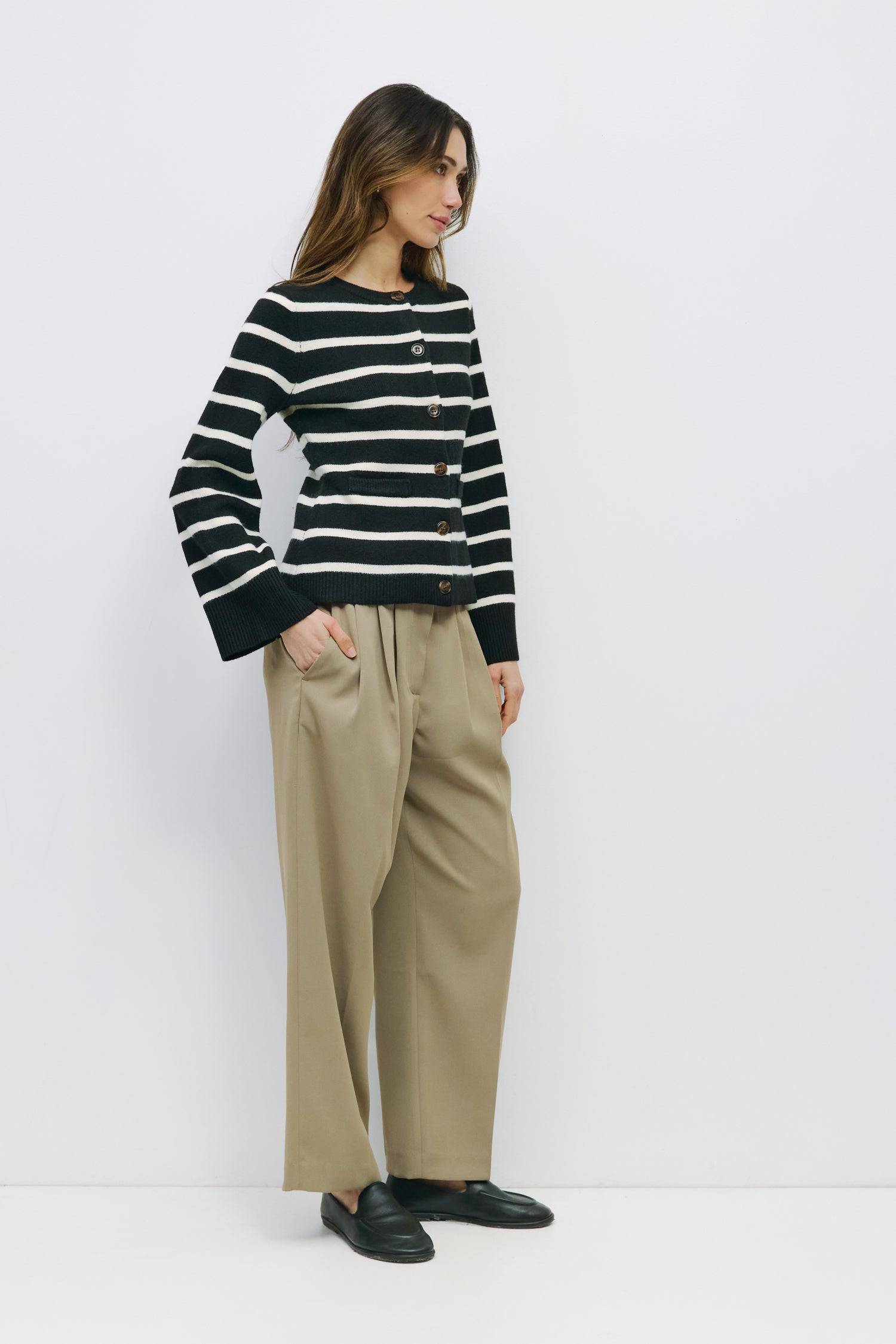 8983737860317, The Cindy Cardigan, Outerwear, Mod Ref, Acrylic,beige,bell sleeves,Black,Button up,Cardigan,Casual,cf-color-beige,cf-color-black,cf-color-oatmeal,cf-size-l,cf-size-m,cf-size-s,cf-size-xl,cf-size-xs,cf-vendor-mod-ref,Colder Seasons,Collar,collared,Cotton,fall,heavy weight,Knit,Matching Set,Mod Ref,modref,new,nylon,Oatmeal,polyester,Pullover,Rib Knit,semi-cropped,set,Sets,shawl,shawl collar,Soft Knit,tonal,Transitional,winter,Women's, Information The Cindy Cardigan is a striped button-up with a