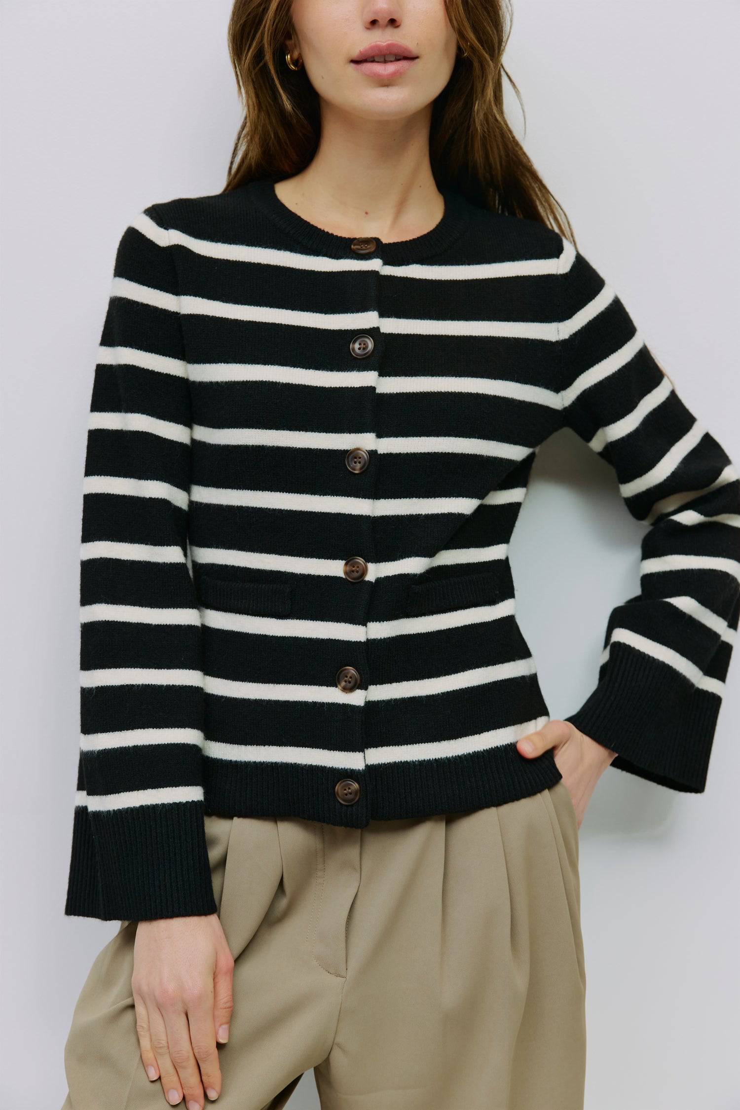 8983737860317, The Cindy Cardigan, Outerwear, Mod Ref, Acrylic,beige,bell sleeves,Black,Button up,Cardigan,Casual,cf-color-beige,cf-color-black,cf-color-oatmeal,cf-size-l,cf-size-m,cf-size-s,cf-size-xl,cf-size-xs,cf-vendor-mod-ref,Colder Seasons,Collar,collared,Cotton,fall,heavy weight,Knit,Matching Set,Mod Ref,modref,new,nylon,Oatmeal,polyester,Pullover,Rib Knit,semi-cropped,set,Sets,shawl,shawl collar,Soft Knit,tonal,Transitional,winter,Women's, Information The Cindy Cardigan is a striped button-up with a