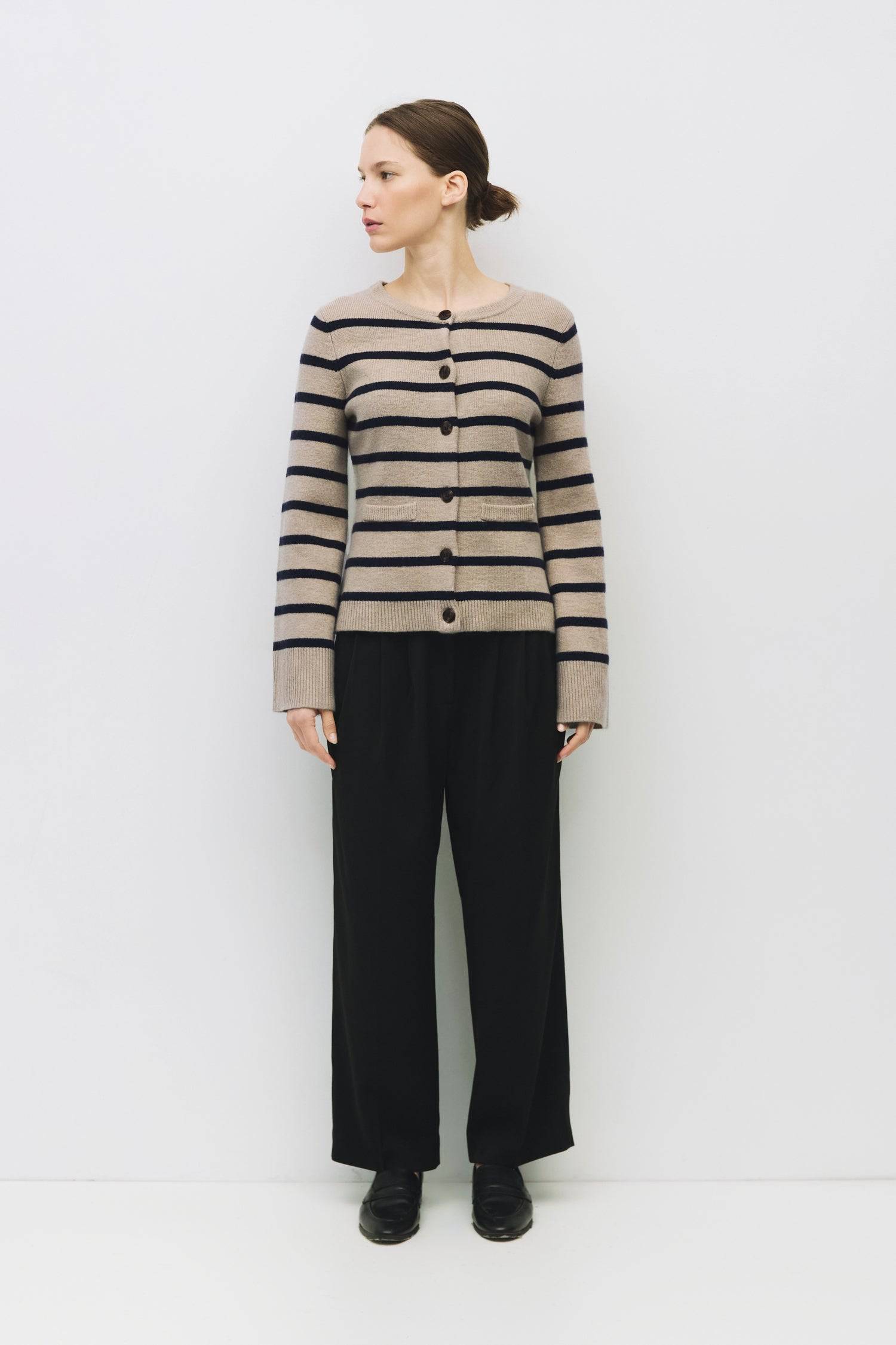 8983737860317, The Cindy Cardigan, Outerwear, Mod Ref, Acrylic,beige,bell sleeves,Black,Button up,Cardigan,Casual,cf-color-beige,cf-color-black,cf-color-oatmeal,cf-size-l,cf-size-m,cf-size-s,cf-size-xl,cf-size-xs,cf-vendor-mod-ref,Colder Seasons,Collar,collared,Cotton,fall,heavy weight,Knit,Matching Set,Mod Ref,modref,new,nylon,Oatmeal,polyester,Pullover,Rib Knit,semi-cropped,set,Sets,shawl,shawl collar,Soft Knit,tonal,Transitional,winter,Women's, Information The Cindy Cardigan is a striped button-up with a