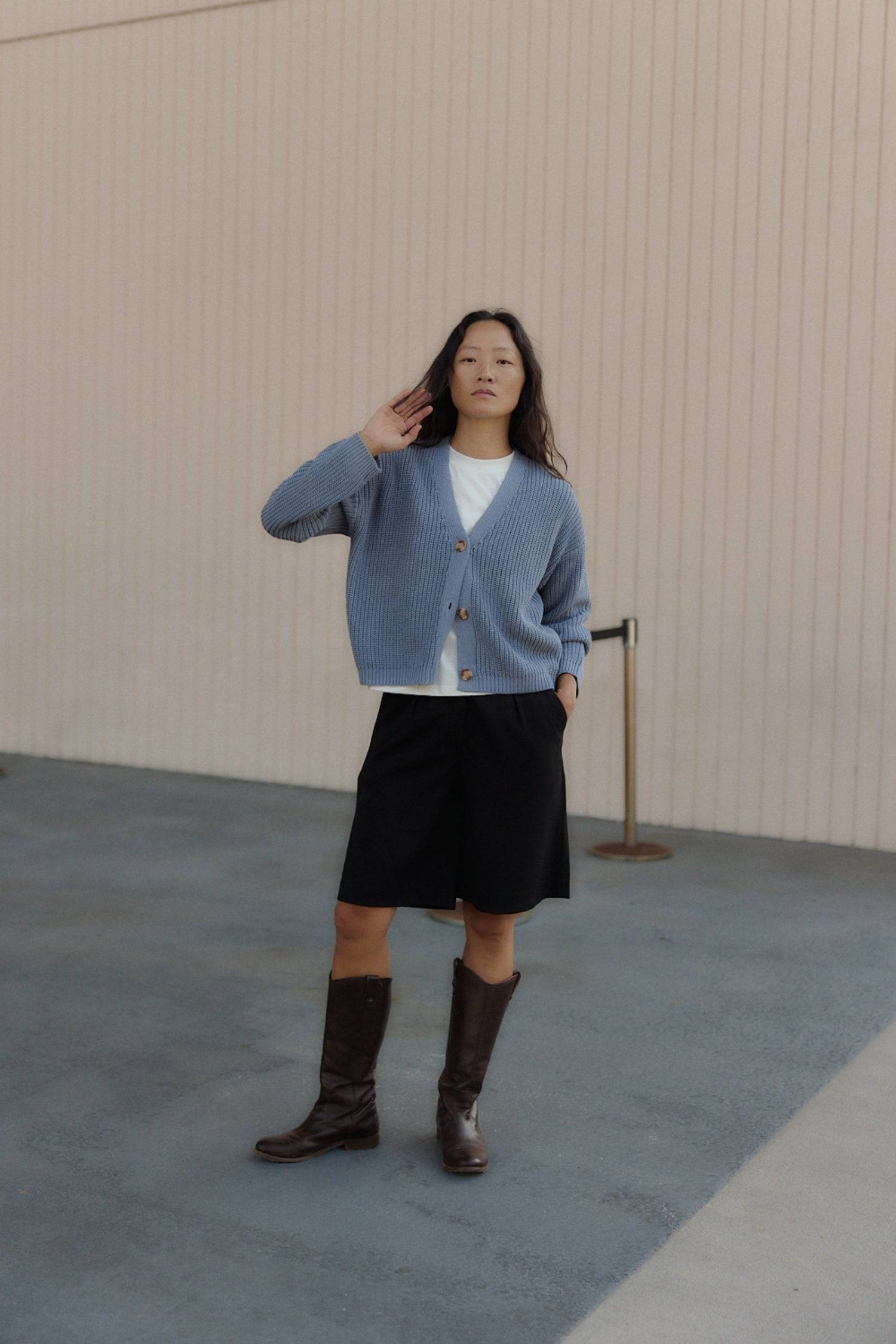 8831739330781, The Willow Cardigan, Tops, Mod Ref, Basic,Basics,Black,Blue,Cardigan,Casual,cf-color-black,cf-color-blue,cf-size-l,cf-size-m,cf-size-s,cf-vendor-mod-ref,Collar,collared,Collared Top,Comfort,Comfortable,Contemporary,Cotton,Everyday,Fall,final-sale,finalsale,fundraiser,Grey,layering,Layers,Minimal,minimalist,Mod Ref,modref,new,Oversized,sale,Sweater,Sweater Top,Tops,v neckline,Winter,Womens,Wool, Information The Willow Cardigan is a chunky v-neck cardigan complete with a fisherman knit and semi