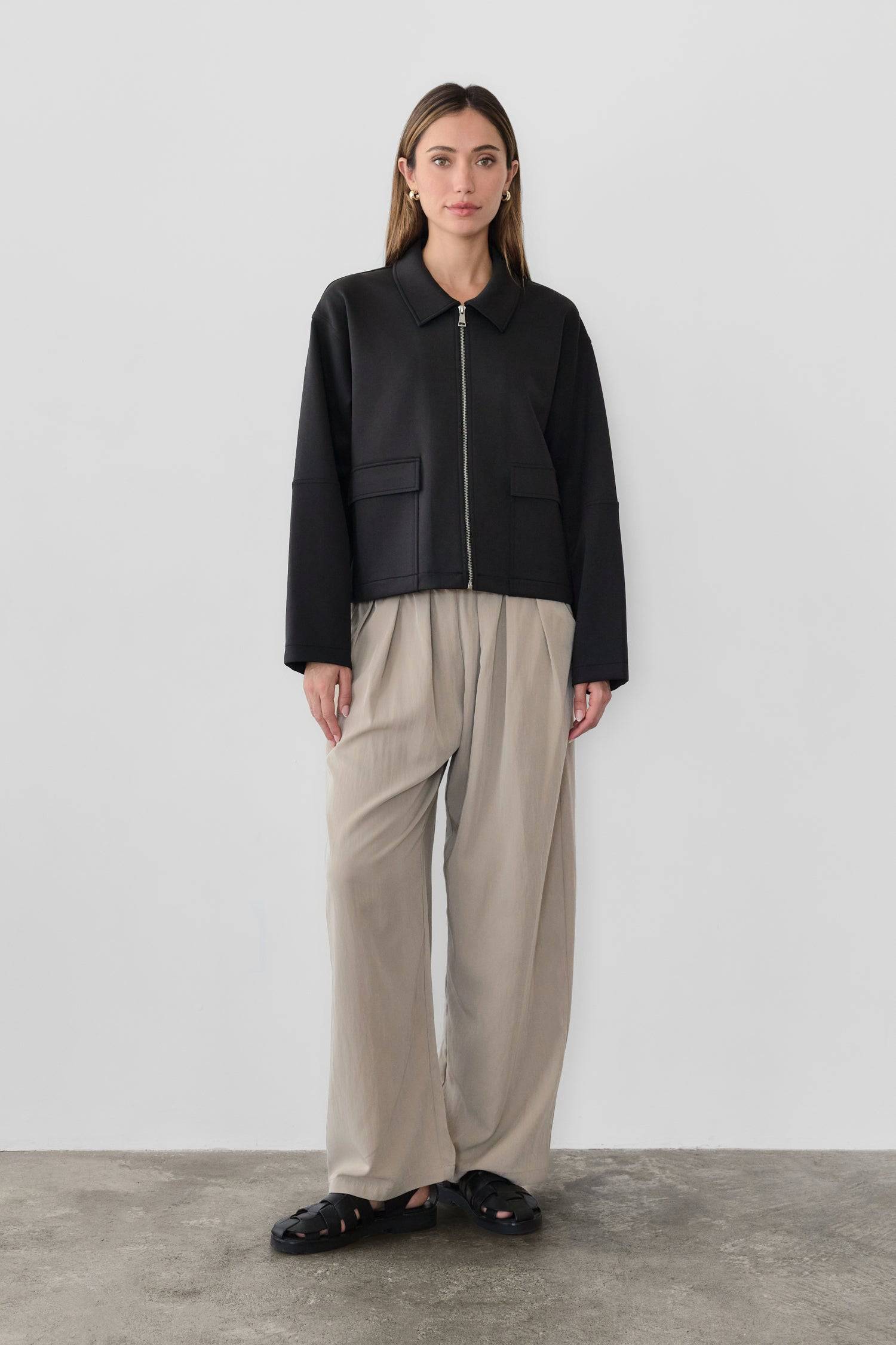 8831738773725, The Maelle Jacket, Outerwear, Mod Ref, Black,Button,Buttons,Casual,cf-color-black,cf-color-brown,cf-size-l,cf-size-m,cf-size-s,cf-vendor-mod-ref,Coat,Collar,collared,Collared Jacket,Comfort,Comfortable,Details,Everyday,Front Pocket,Front Pockets,layer,layered,layering,Layers,Long,Long Sleeve,modref,new,Outerwear,Oversized,Patch Pockets,Pocket,Pockets,Stitch,Stitching,Womens, Information The Maelle Jacket is a semi-cropped jacket made from heavy-weight scuba fabric and features structured slee