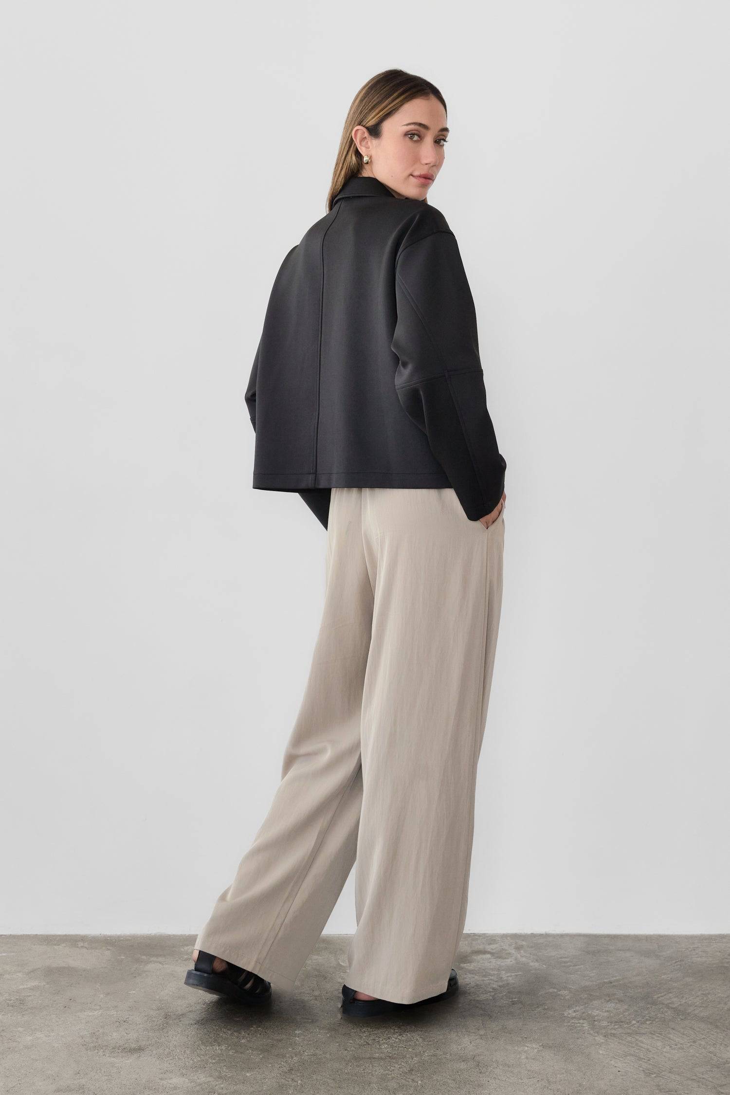 8831738773725, The Maelle Jacket, Outerwear, Mod Ref, Black,Button,Buttons,Casual,cf-color-black,cf-color-brown,cf-size-l,cf-size-m,cf-size-s,cf-vendor-mod-ref,Coat,Collar,collared,Collared Jacket,Comfort,Comfortable,Details,Everyday,Front Pocket,Front Pockets,layer,layered,layering,Layers,Long,Long Sleeve,modref,new,Outerwear,Oversized,Patch Pockets,Pocket,Pockets,Stitch,Stitching,Womens, Information The Maelle Jacket is a semi-cropped jacket made from heavy-weight scuba fabric and features structured slee