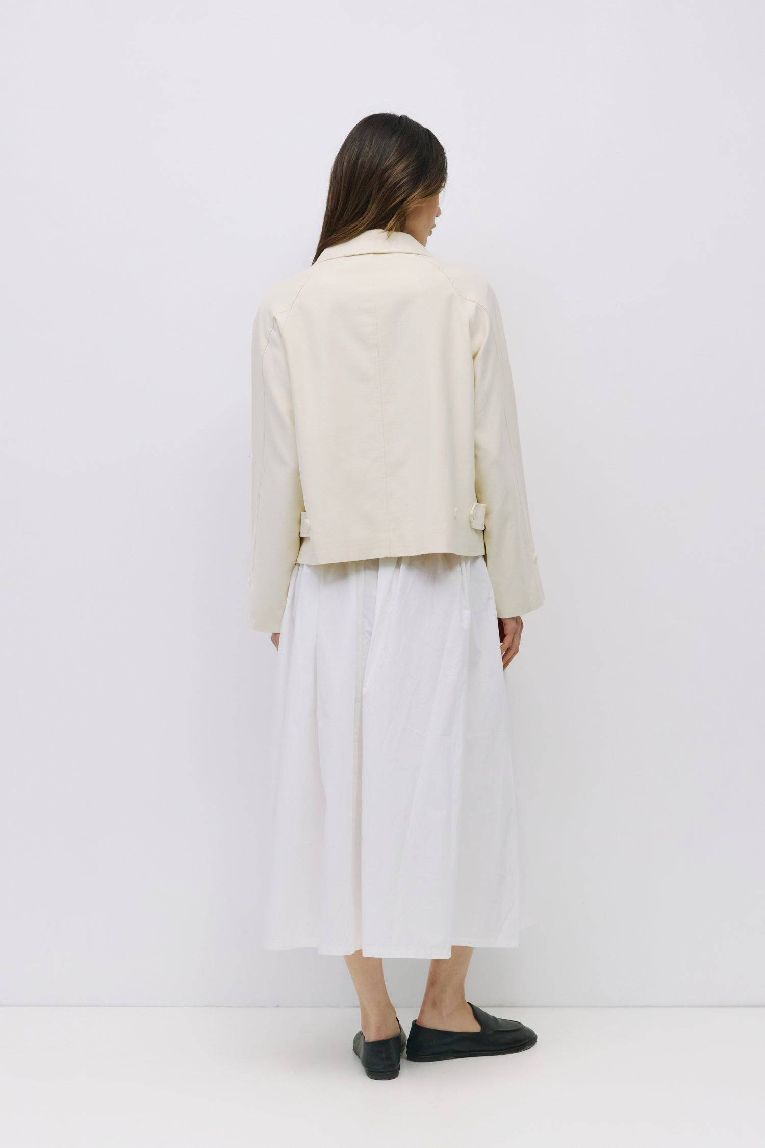 9023166251229, The Melina Jacket, Outerwear, Mod Ref, Button,Buttons,Casual,cf-color-black,cf-color-cream,cf-size-l,cf-size-m,cf-vendor-mod-ref,Collared Jacket,Comfortable,Cream,Fall,Front Pockets,Jacket,Light Jacket,Long Sleeve,modref,new,Outerwear,Pockets,Relaxed,Summer,Women's, Information The Melina Jacket is a refined take on a classic silhouette. This short trench jacket is crafted from a midweight cotton-Tencel blend for a structured yet breathable feel. Designed with raglan sleeves, adjustable butto