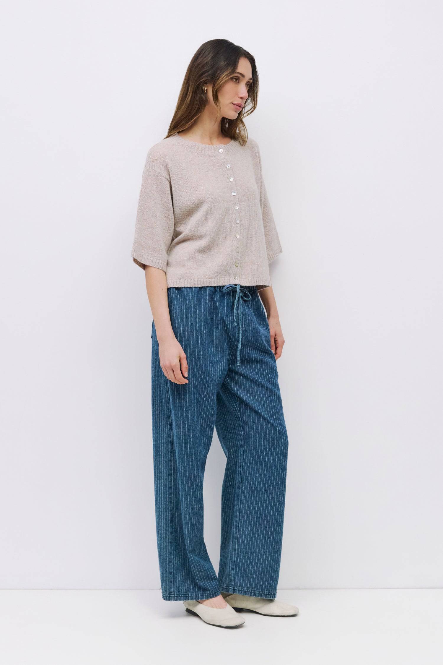 8993018478813, The Kennedy Pants, Bottoms, All Row, adjustable,adjustable ties,All Row,allrow,baggy,Basic,Blue,Bottom,Bottoms,Casual,cf-color-black,cf-color-blue,cf-color-denim,cf-size-l,cf-size-m,cf-size-s,cf-vendor-all-row,Comfort,Comfortable,Cotton,Denim,Front Tie,Long Pants,new,Pant,Pants,Relaxed,Relaxed Fit,Summer,Transitional,Vintage,Wide Leg Pants,Womens, Information The Kennedy Pants are tailored from midweight pinstripe denim with a relaxed yet refined feel. Designed with an adjustable tie waist, f