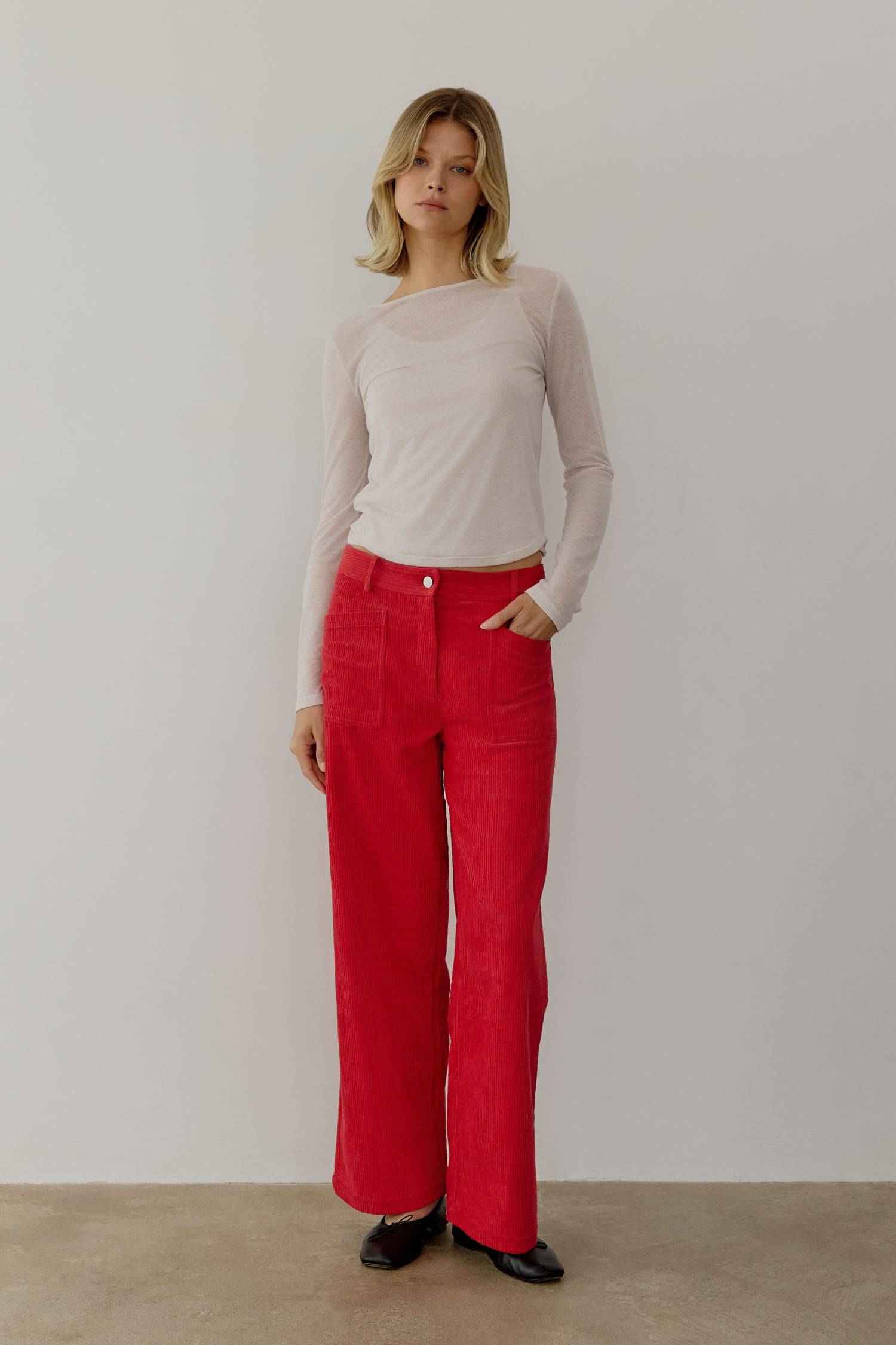 8767796707549, The Nadya Pants, Bottoms, All Row, All Row,allrow,Black,Bottom,Bottoms,Casual,cf-color-black,cf-color-red,cf-color-white,cf-size-l,cf-size-m,cf-size-s,cf-vendor-all-row,collared,Corduroy,corduroy pants,Cotton,Pants,Red,Relaxed,Relaxed Fit,sale,Vintage,Washed,Womens, Information The Nadya Pants are full-length corduroy pants with medium-weight fabrication that's perfect for any season. The mid-waist and straight legs offer a timeless silhouette, while the four patch pockets add a functional el