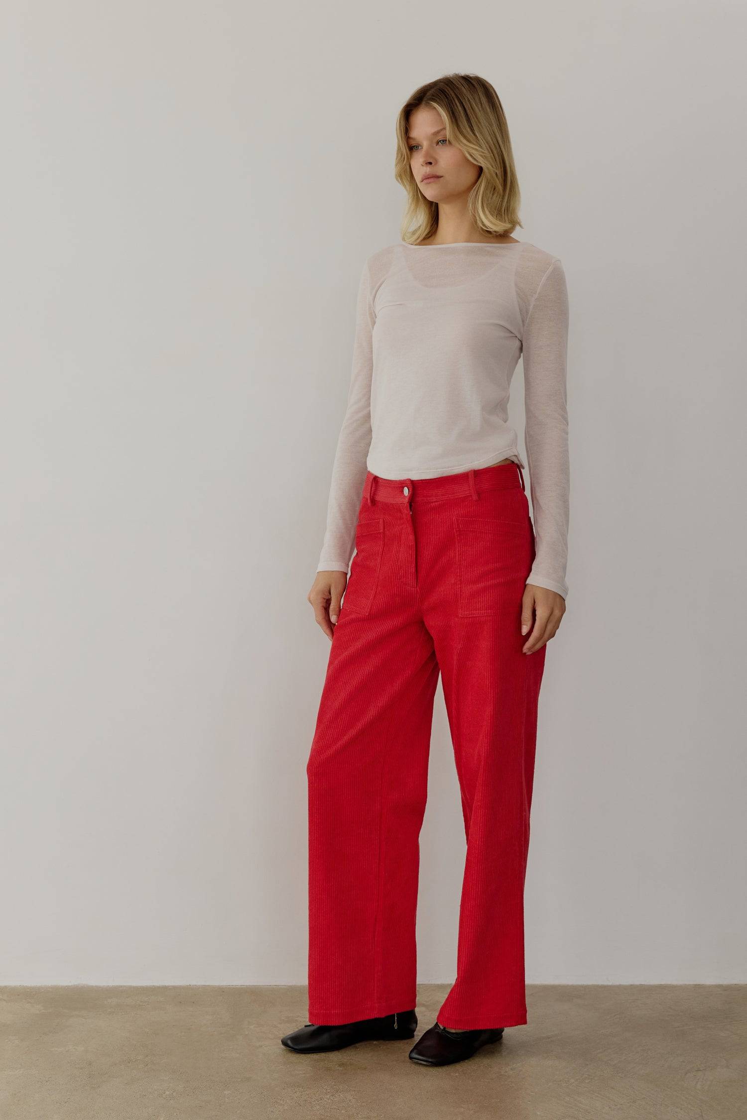 8767796707549, The Nadya Pants, Bottoms, All Row, All Row,allrow,Black,Bottom,Bottoms,Casual,cf-color-black,cf-color-red,cf-color-white,cf-size-l,cf-size-m,cf-size-s,cf-vendor-all-row,collared,Corduroy,corduroy pants,Cotton,Pants,Red,Relaxed,Relaxed Fit,sale,Vintage,Washed,Womens, Information The Nadya Pants are full-length corduroy pants with medium-weight fabrication that's perfect for any season. The mid-waist and straight legs offer a timeless silhouette, while the four patch pockets add a functional el