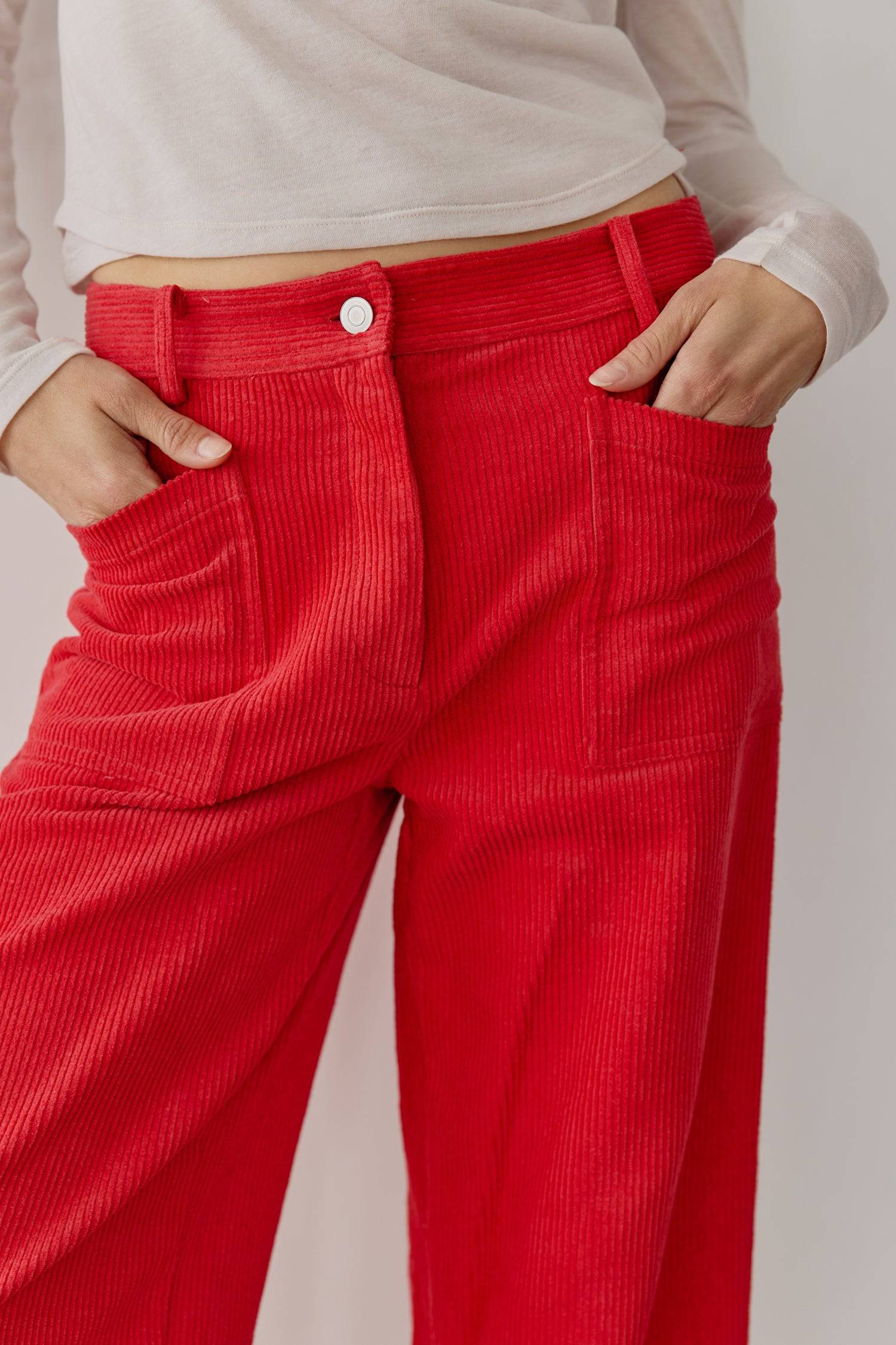 8767796707549, The Nadya Pants, Bottoms, All Row, All Row,allrow,Black,Bottom,Bottoms,Casual,cf-color-black,cf-color-red,cf-color-white,cf-size-l,cf-size-m,cf-size-s,cf-vendor-all-row,collared,Corduroy,corduroy pants,Cotton,Pants,Red,Relaxed,Relaxed Fit,sale,Vintage,Washed,Womens, Information The Nadya Pants are full-length corduroy pants with medium-weight fabrication that's perfect for any season. The mid-waist and straight legs offer a timeless silhouette, while the four patch pockets add a functional el
