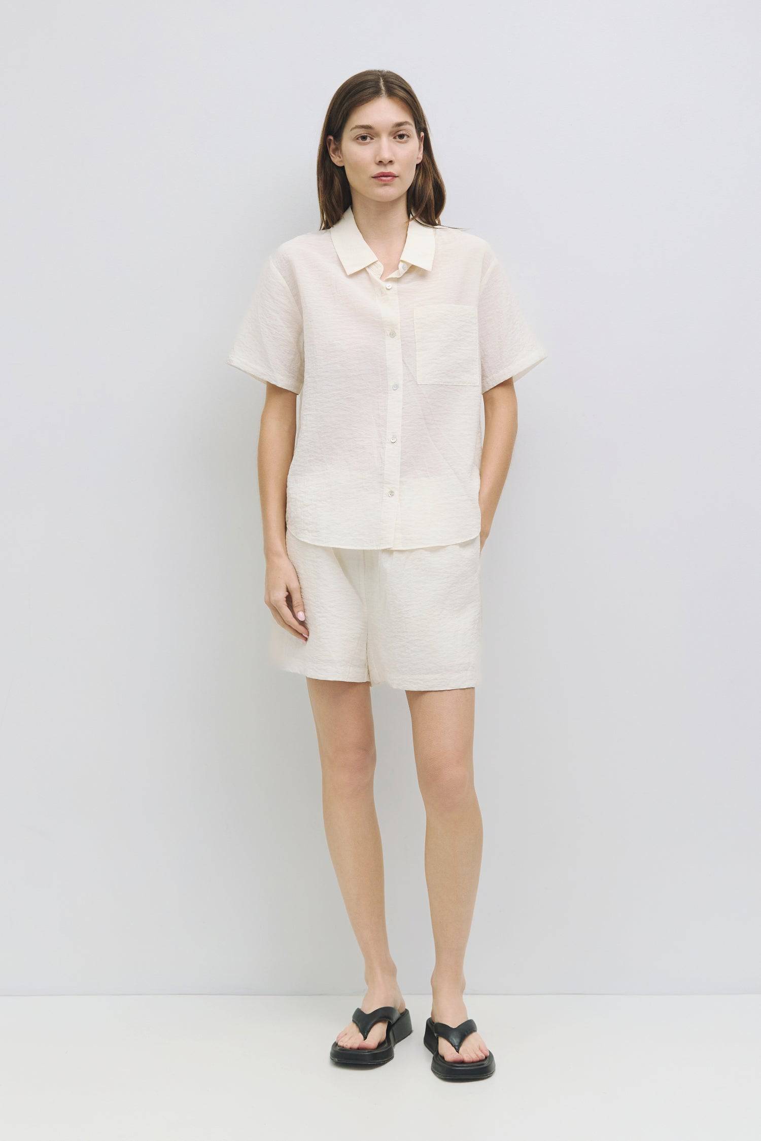 8954054312157, The Alden Shorts, Bottoms, Mod Ref, allrow,Casual,cf-color-cream,cf-size-l,cf-size-m,cf-size-s,cf-size-xl,cf-size-xs,cf-vendor-all-row,Comfort,Comfortable,cotton,Cream,Elastic Waist,Elastic Waistband,Everyday,light,light weight,Lightweight,Matching Set,new,Pockets,Relaxed,Relaxed Fit,set,Sets,Shorts,Spring,straight-leg,Summer,texture,Women's, Information The Alden Shorts are semi-sheer plissé pull-on shorts with an elasticized waistband, side pockets, and a short length. Fully lined for comfo