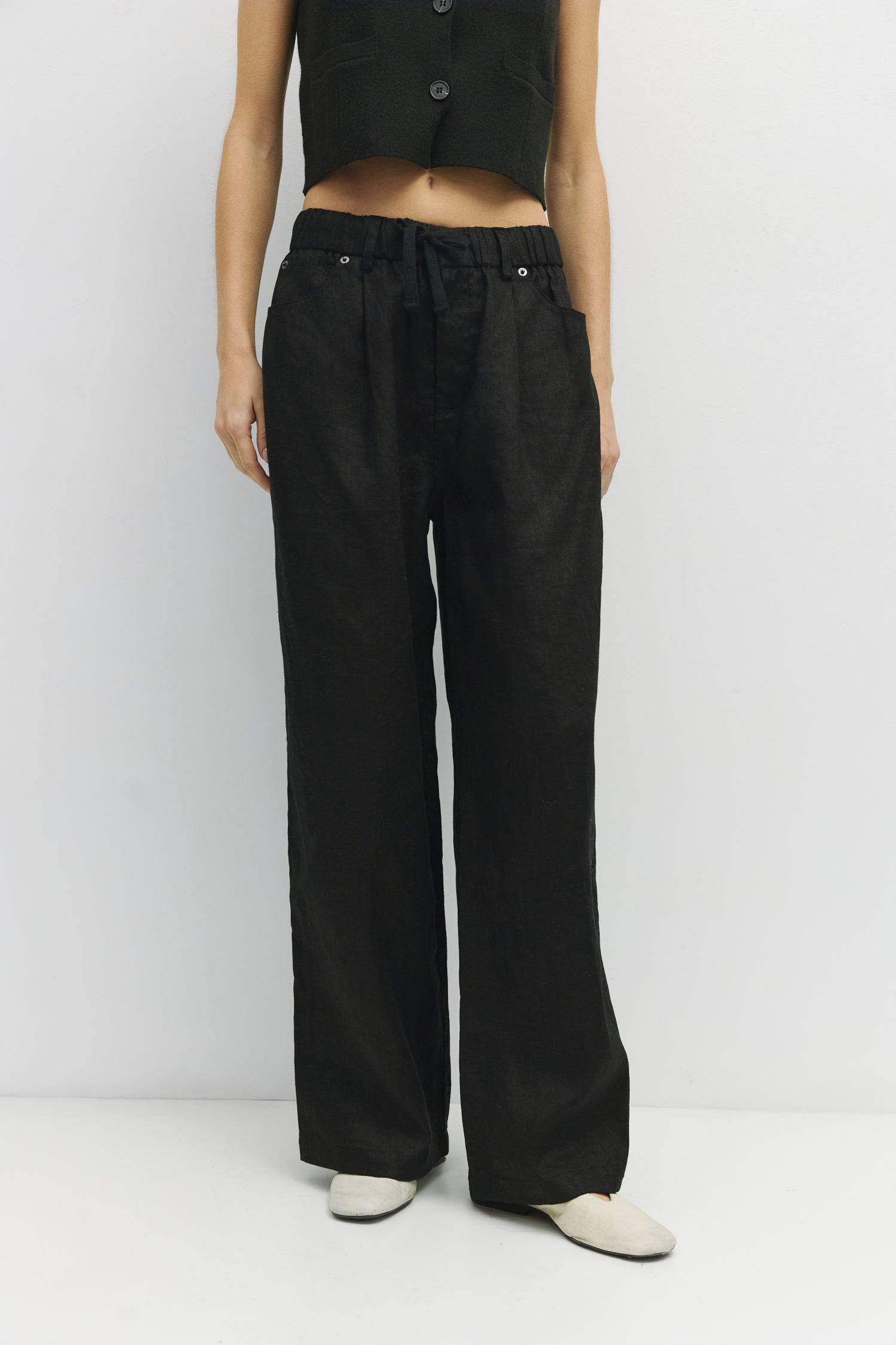 8954054148317, The Jeanette Pants, Bottoms, Mod Ref, Basic,Basics,Black,Bottoms,Casual,cf-color-black,cf-color-natural,cf-color-white,cf-size-l,cf-size-m,cf-size-s,cf-vendor-mod-ref,Comfortable,Everyday,final-sale,finalsale,Linen,linen-blend,Long Pants,Matching Set,mid rise,modref,Pants,Pleated,sale,Sets,Spring,straight fit,Transitional,white,women,Womens, Information The Jeanette Pants feature a relaxed fit with an elasticized waistband and a stylish front cotton lace tie for added flair. These wide-leg pa