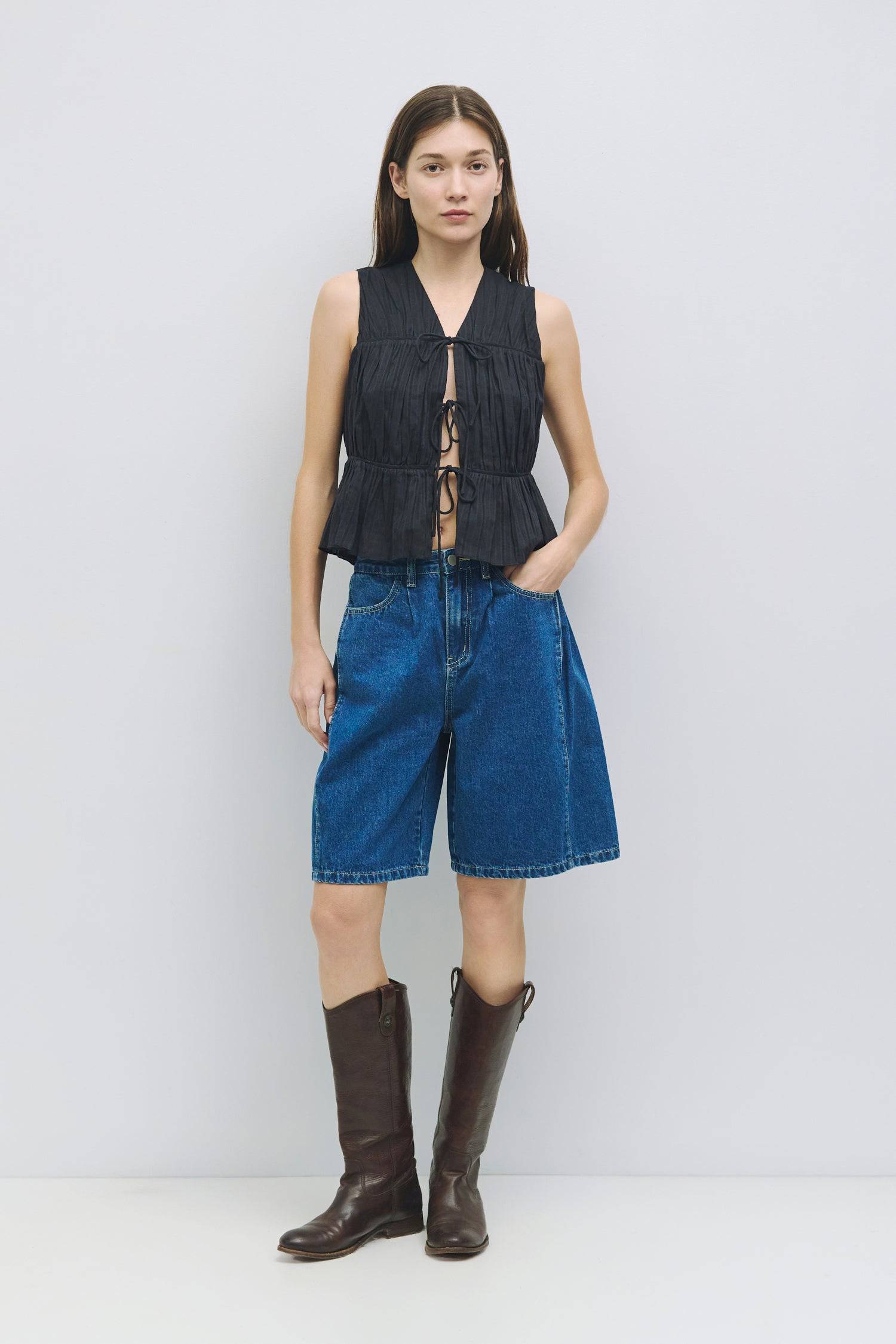 8954055295197, The Juno Shorts, Bottoms, Mod Ref, allrow,Black,Blue,Casual,cf-color-blue,cf-size-l,cf-size-m,cf-size-s,cf-size-xl,cf-size-xs,cf-vendor-all-row,Comfort,Comfortable,cotton,Cream,Everyday,Matching Set,new,Pleated,Pleats,Pockets,Relaxed,Relaxed Fit,set,Sets,Shorts,Spring,straight-leg,texture,Wide Leg,Women's, Information The Juno Shorts are wide-leg Bermuda denim shorts crafted from 100% cotton, giving you a comfortable, laid-back fit with plenty of room to move. The pleated side details, front