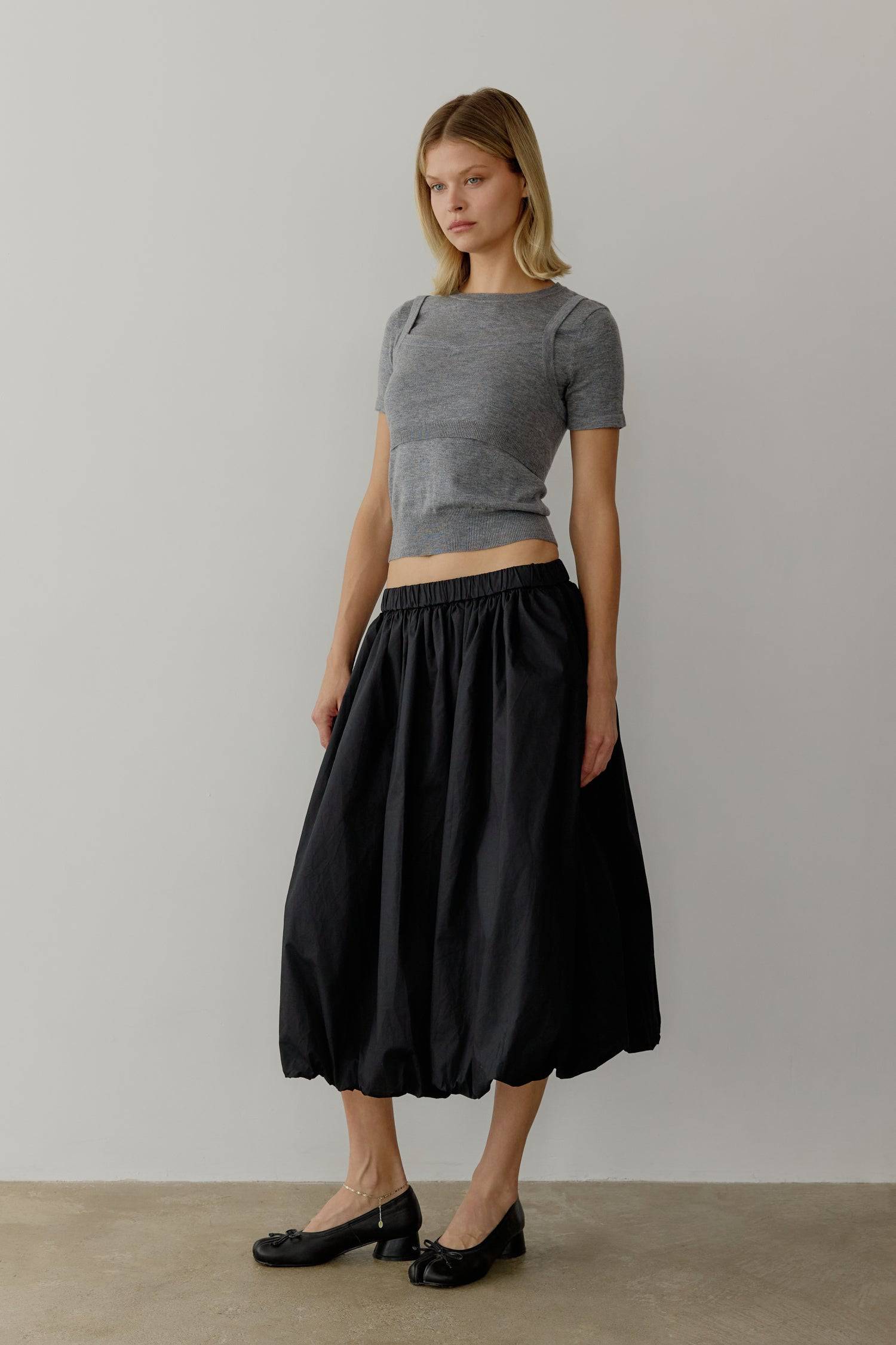 8466464997597, The Bella Skirt, Skirt, All Row, Black,Blue,Bottom,Bottoms,bubble,bubble skirt,cf-color-black,cf-color-natural,cf-size-l,cf-size-m,cf-size-s,Comfortable,Elastic,Elastic Waistband,everyday,flowy,ivory,Light Blue,matching,Midi Skirt,Mod Ref,Skirt,skirts,spring,Summer,womens, Information The Bella Skirt is a playful midi-length bubble skirt. It features an elasticated waist for a comfortable and adjustable fit. The length and bubble effect hem add volume and movement to the silhouette. Pair this