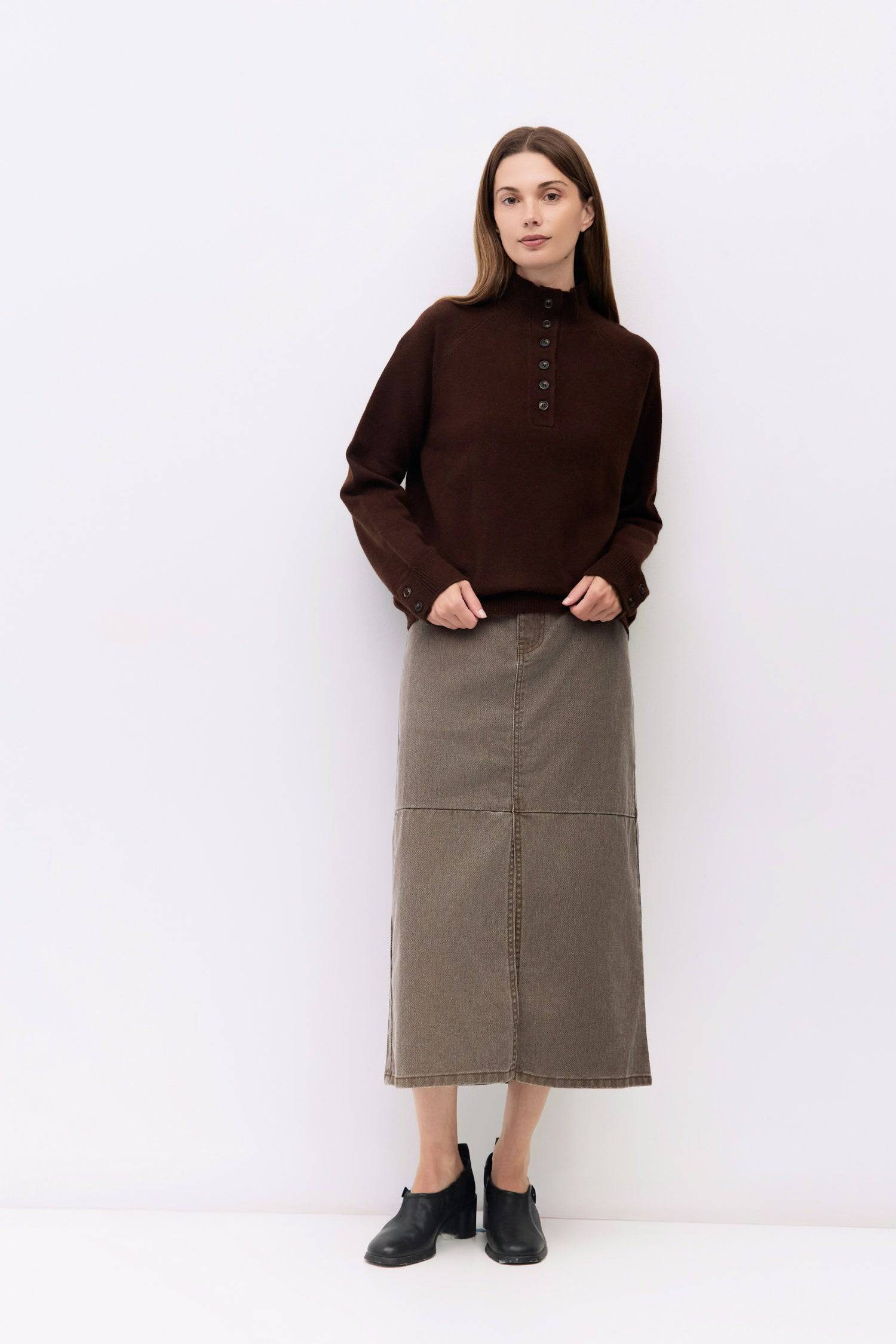 9045707784413, The Ryder Skirt, Bottoms, Mod Ref, a line,allrow,brown,Casual,cf-color-brown,cf-color-khaki,cf-color-white,cf-size-l,cf-size-m,cf-size-s,cf-size-xl,cf-size-xs,cf-vendor-all-row,cotton,Denim,denim skirt,Everyday,Feminine,front slit,Khaki,Midi,Midi Skirt,new,Pocket,Pockets,Relaxed,side pockets,Skirt,Women's, Information The Ryder Skirt is a midweight washed denim pencil skirt with a low-mid rise and a front slit for ease of movement. Its midi length and clean zipper closure create a timeless, v