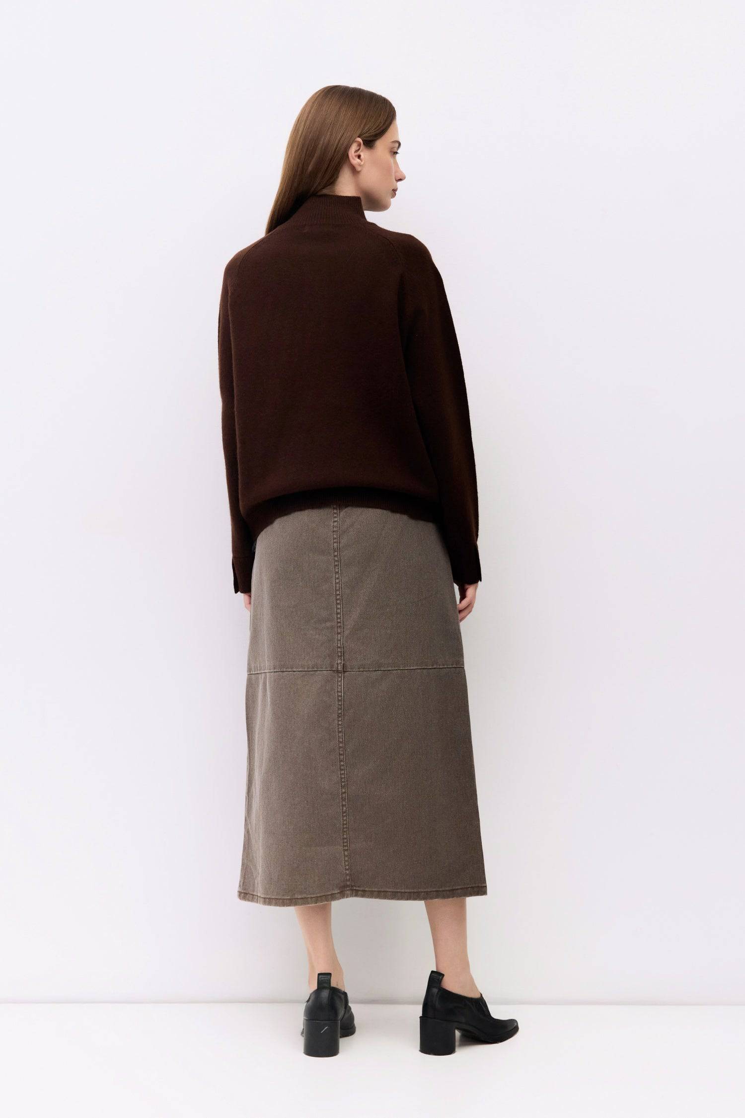 9045707784413, The Ryder Skirt, Bottoms, Mod Ref, a line,allrow,brown,Casual,cf-color-brown,cf-color-khaki,cf-color-white,cf-size-l,cf-size-m,cf-size-s,cf-size-xl,cf-size-xs,cf-vendor-all-row,cotton,Denim,denim skirt,Everyday,Feminine,front slit,Khaki,Midi,Midi Skirt,new,Pocket,Pockets,Relaxed,side pockets,Skirt,Women's, Information The Ryder Skirt is a midweight washed denim pencil skirt with a low-mid rise and a front slit for ease of movement. Its midi length and clean zipper closure create a timeless, v