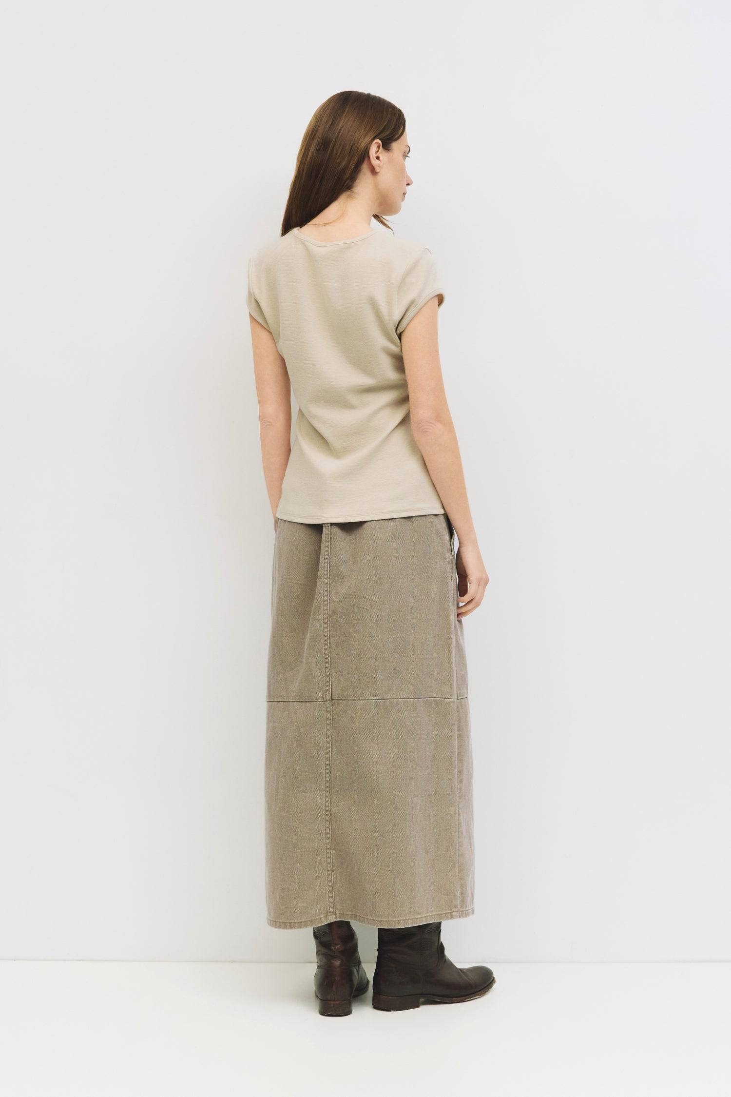 9045707784413, The Ryder Skirt, Bottoms, Mod Ref, a line,allrow,brown,Casual,cf-color-brown,cf-color-khaki,cf-color-white,cf-size-l,cf-size-m,cf-size-s,cf-size-xl,cf-size-xs,cf-vendor-all-row,cotton,Denim,denim skirt,Everyday,Feminine,front slit,Khaki,Midi,Midi Skirt,new,Pocket,Pockets,Relaxed,side pockets,Skirt,Women's, Information The Ryder Skirt is a midweight washed denim pencil skirt with a low-mid rise and a front slit for ease of movement. Its midi length and clean zipper closure create a timeless, v