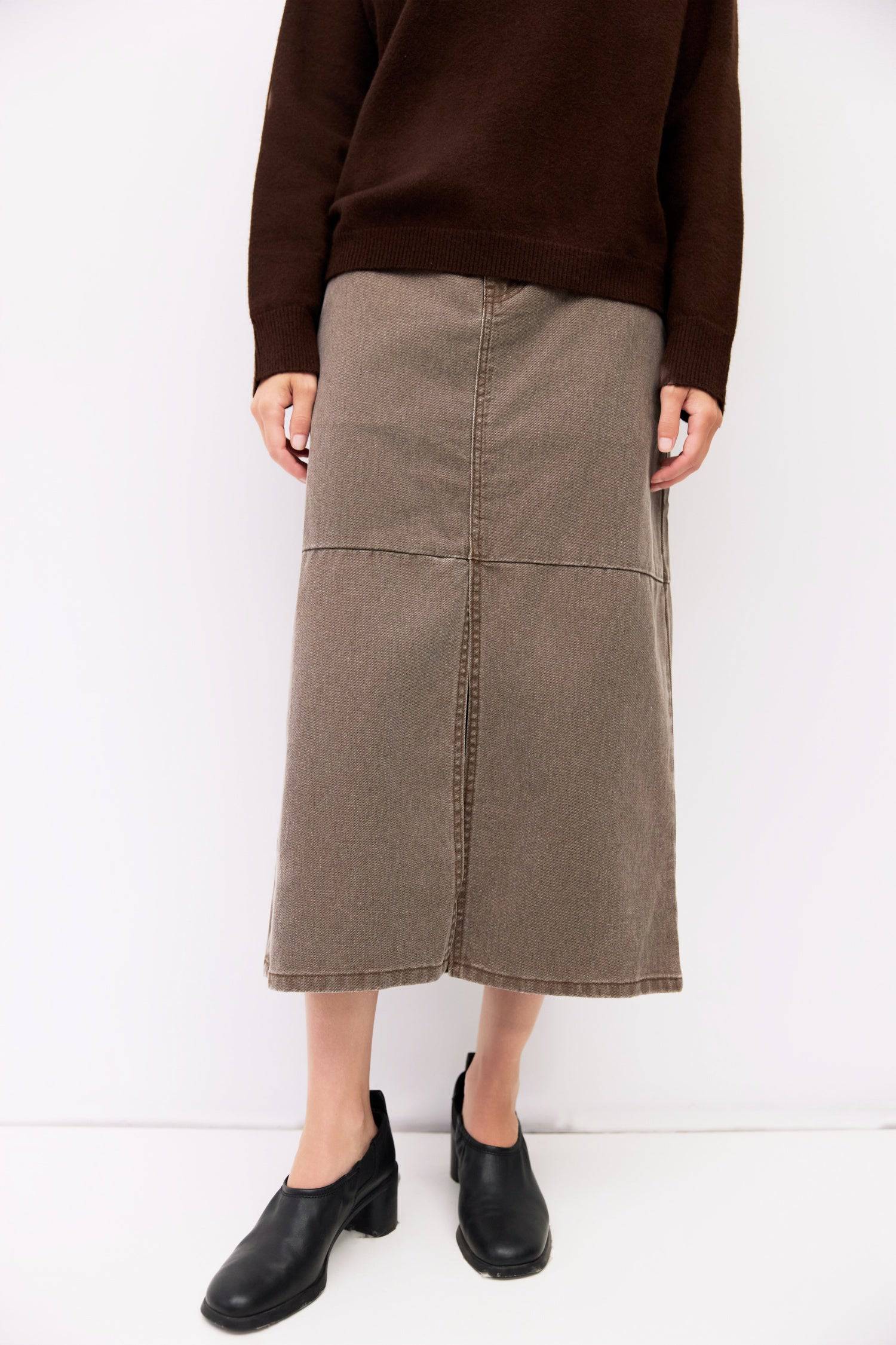 9045707784413, The Ryder Skirt, Bottoms, Mod Ref, a line,allrow,brown,Casual,cf-color-brown,cf-color-khaki,cf-color-white,cf-size-l,cf-size-m,cf-size-s,cf-size-xl,cf-size-xs,cf-vendor-all-row,cotton,Denim,denim skirt,Everyday,Feminine,front slit,Khaki,Midi,Midi Skirt,new,Pocket,Pockets,Relaxed,side pockets,Skirt,Women's, Information The Ryder Skirt is a midweight washed denim pencil skirt with a low-mid rise and a front slit for ease of movement. Its midi length and clean zipper closure create a timeless, v