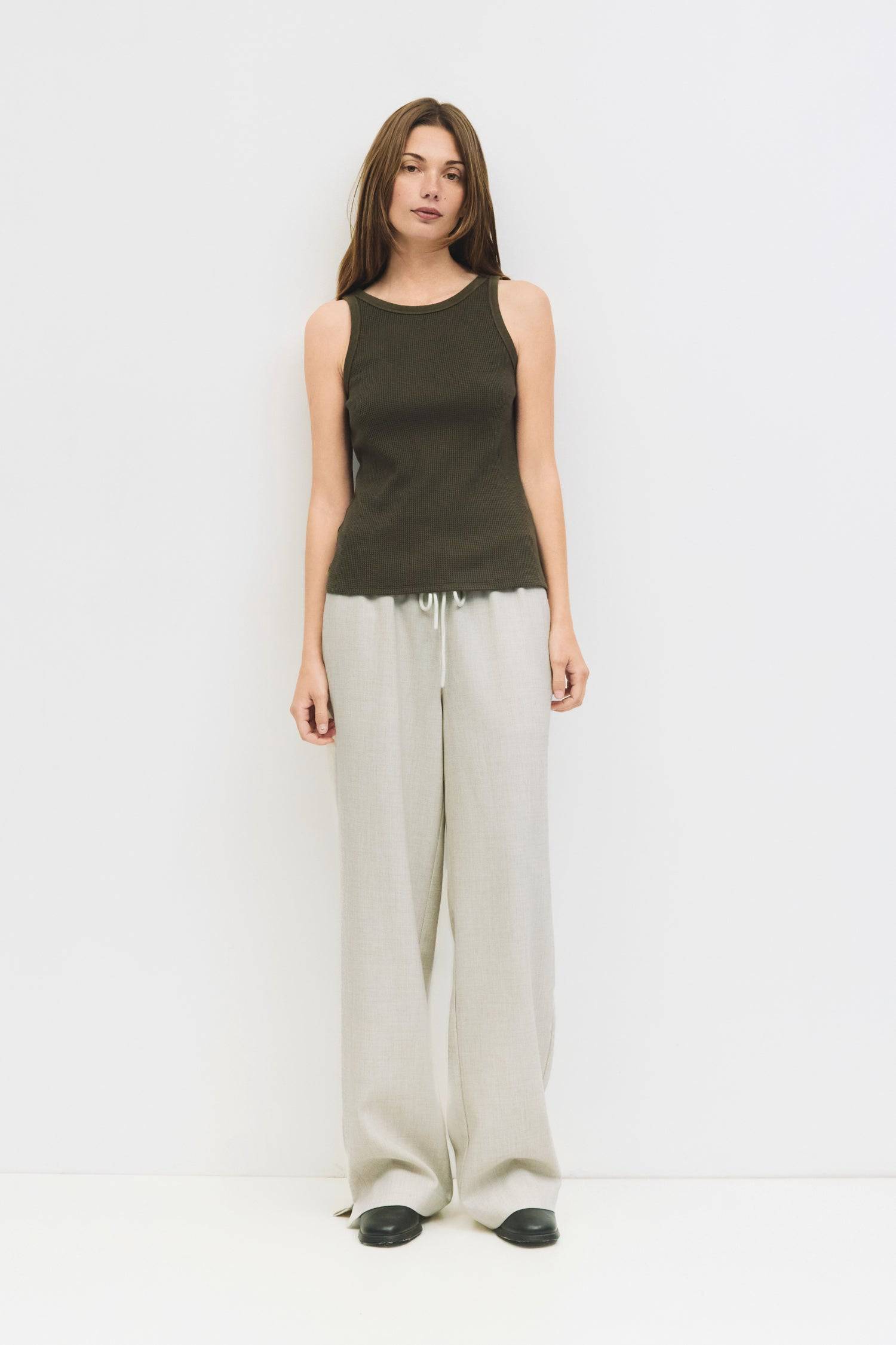 9023156912349, The Anza Top, Tops, All Row, Casual,cf-color-cream,cf-color-grey,cf-color-olive,cf-size-l,cf-size-m,cf-size-s,cf-size-xl,cf-vendor-all-row,Comfortable,Cream,Crew Neckline,Everyday,Form Fitting,Front Tie,Grey,Layers,mid weight,Minimal,new,Relaxed,Relaxed Fit,Scoop Neckline,Sleeveless,Sleeveless Top,Soft,Spring,Top,Transitional,Trendy,waffle knit,Women's, Information The Anza Top is a form-fitting thermal knit tank designed with a sleek, scoop neckline for a flattering silhouette. The midweight