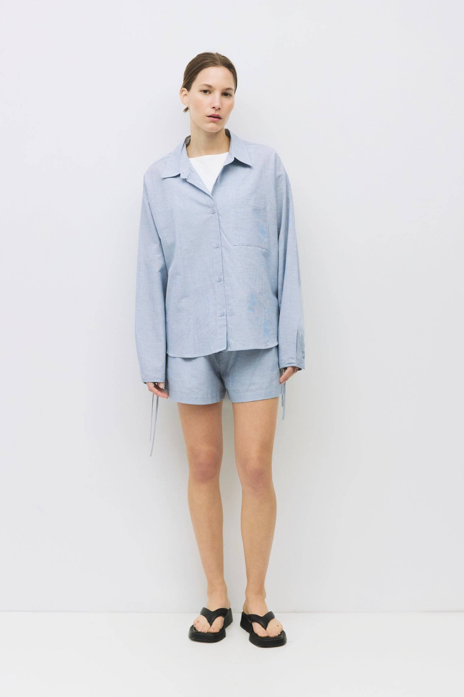 8993040138461, The Jacqueline Top, Tops, All Row, adjustable ties,All Row,allrow,beige,Blue,Button,Button down,Button Down Shirt,Button Front,Button Up,buttonup,Casual,cf-color-beige,cf-color-blue,cf-color-light-beige,cf-color-light-blue,cf-color-lightblue,cf-size-l,cf-size-m,cf-size-s,cf-vendor-all-row,Collared Top,light beige,Light Blue,Lightblue,Long Sleeve,Long Sleeve Top,Matching Set,new,Relaxed,Relaxed Fit,set,Sets,Spring,Women's,womens top, Information The Jacqueline Top is a striped collared shirt w