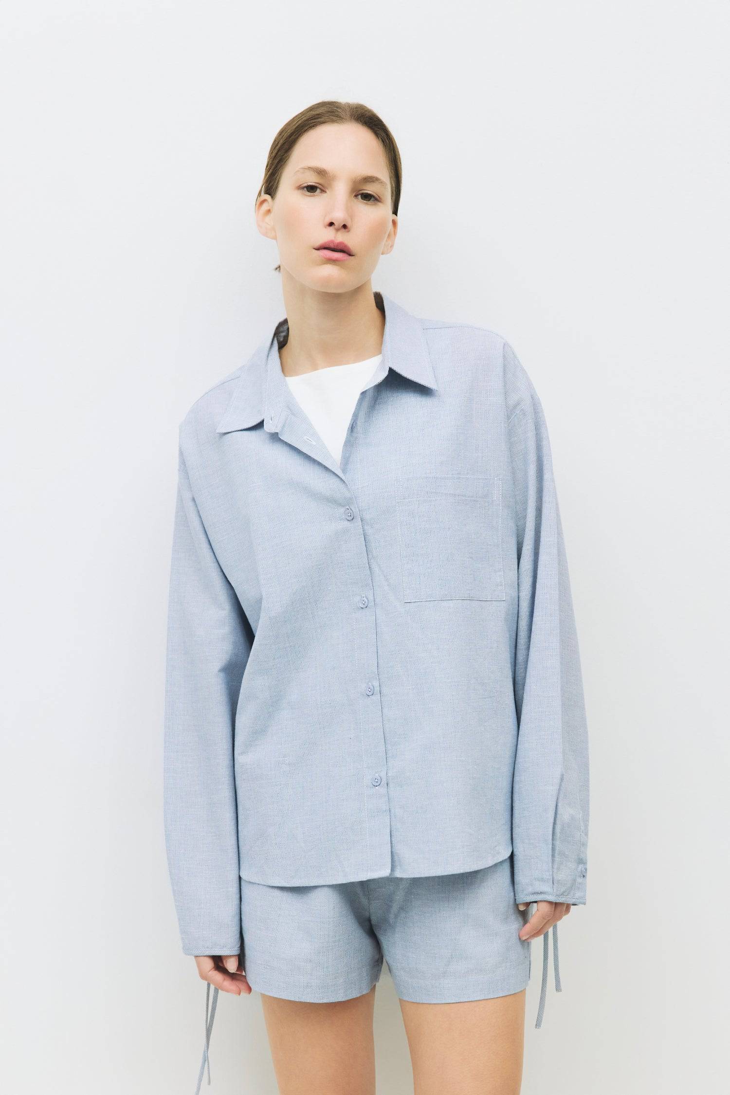 8993040138461, The Jacqueline Top, Tops, All Row, adjustable ties,All Row,allrow,beige,Blue,Button,Button down,Button Down Shirt,Button Front,Button Up,buttonup,Casual,cf-color-beige,cf-color-blue,cf-color-light-beige,cf-color-light-blue,cf-color-lightblue,cf-size-l,cf-size-m,cf-size-s,cf-vendor-all-row,Collared Top,light beige,Light Blue,Lightblue,Long Sleeve,Long Sleeve Top,Matching Set,new,Relaxed,Relaxed Fit,set,Sets,Spring,Women's,womens top, Information The Jacqueline Top is a striped collared shirt w